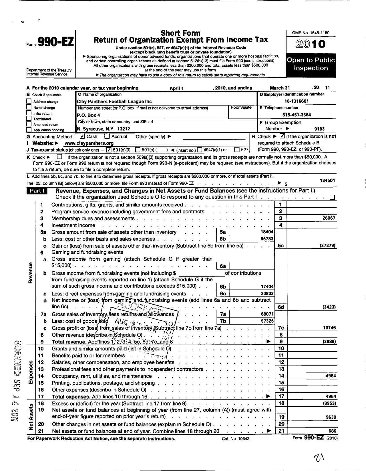 Image of first page of 2010 Form 990EZ for Pop Warner Little Scholars / Clay Panthers Football League Inc