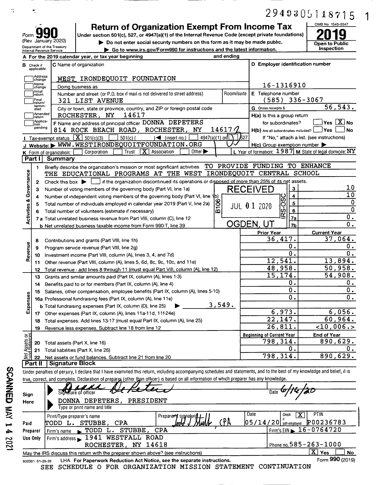 Image of first page of 2019 Form 990 for West Irondequoit Foundation