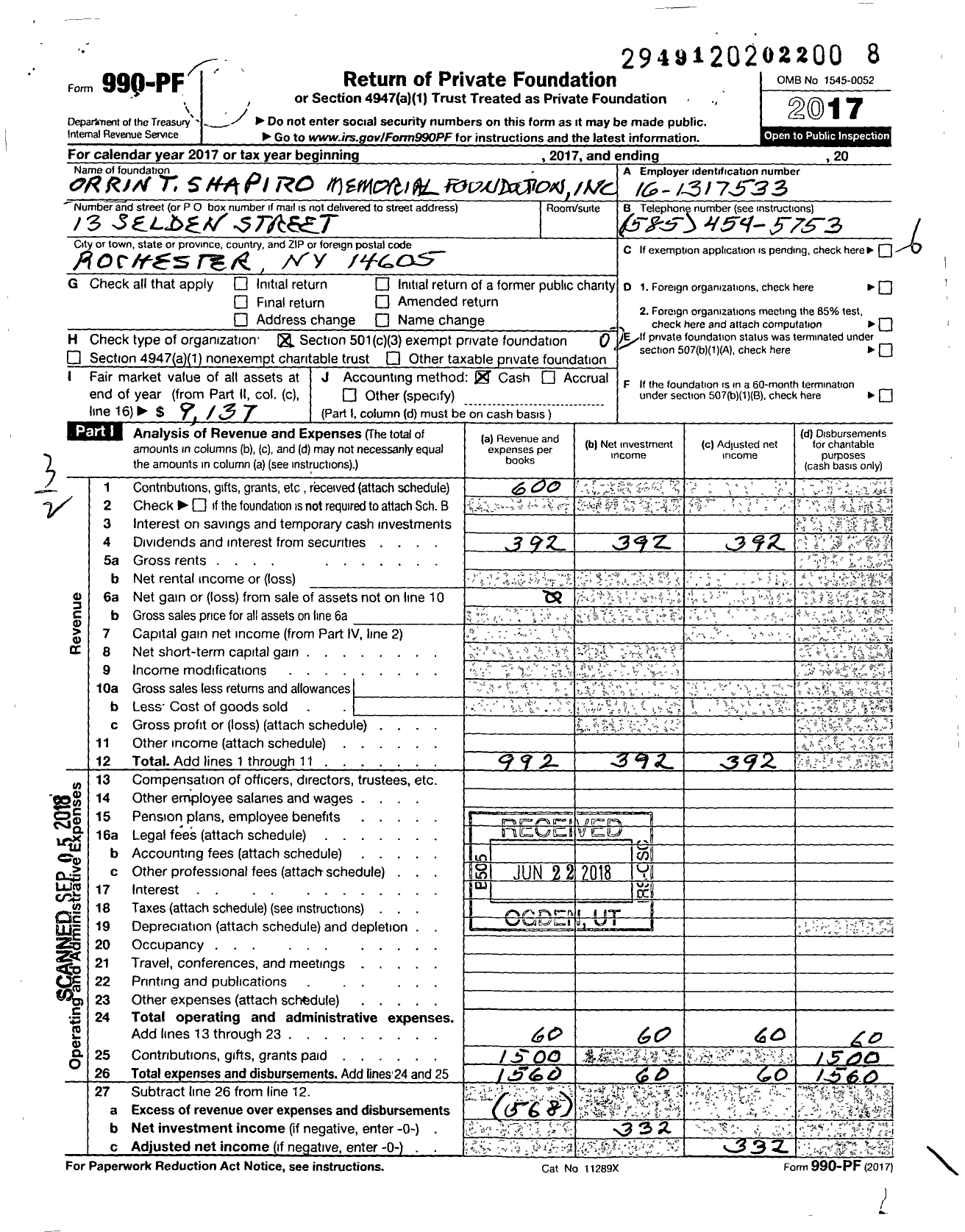 Image of first page of 2017 Form 990PF for Orrin T Shapiro Memorial Foundation