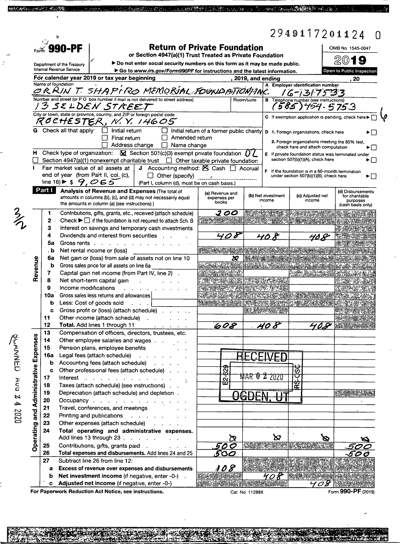 Image of first page of 2019 Form 990PR for Orrin T Shapiro Memorial Foundation