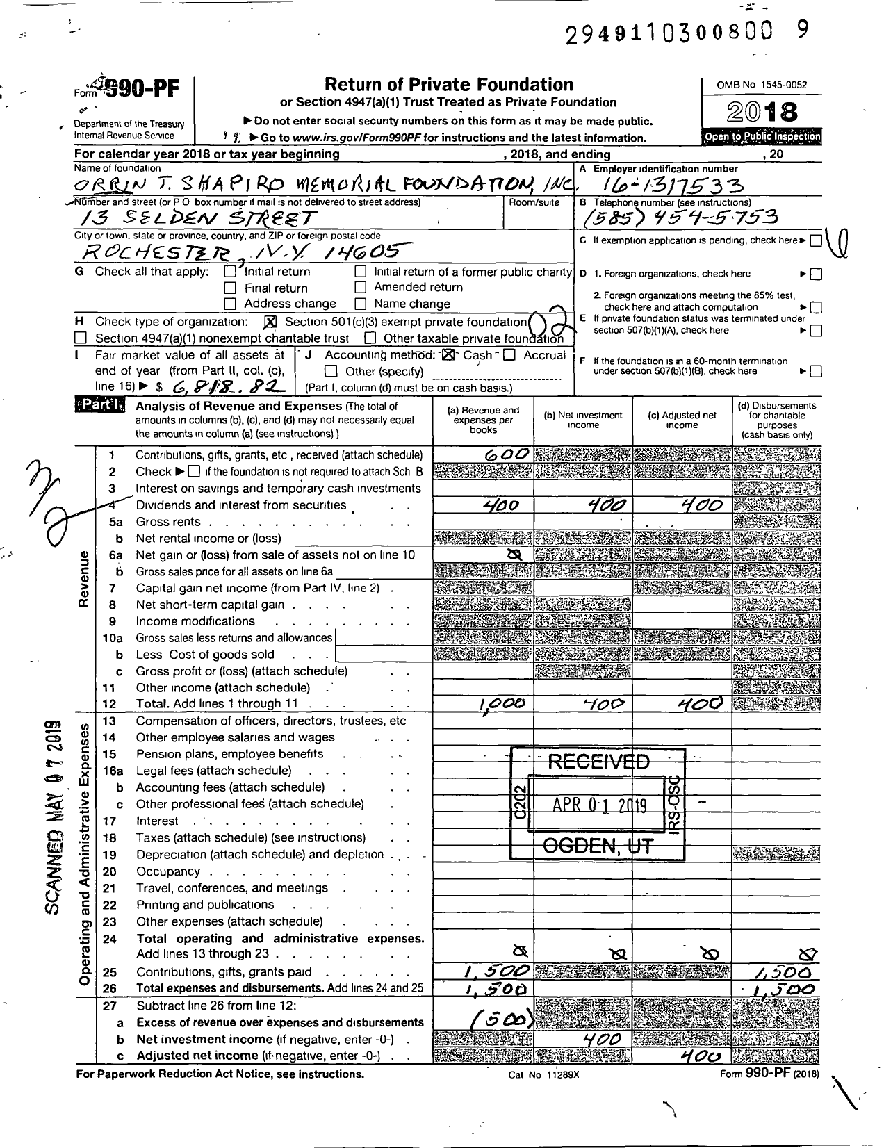 Image of first page of 2018 Form 990PF for Orrin T Shapiro Memorial Foundation