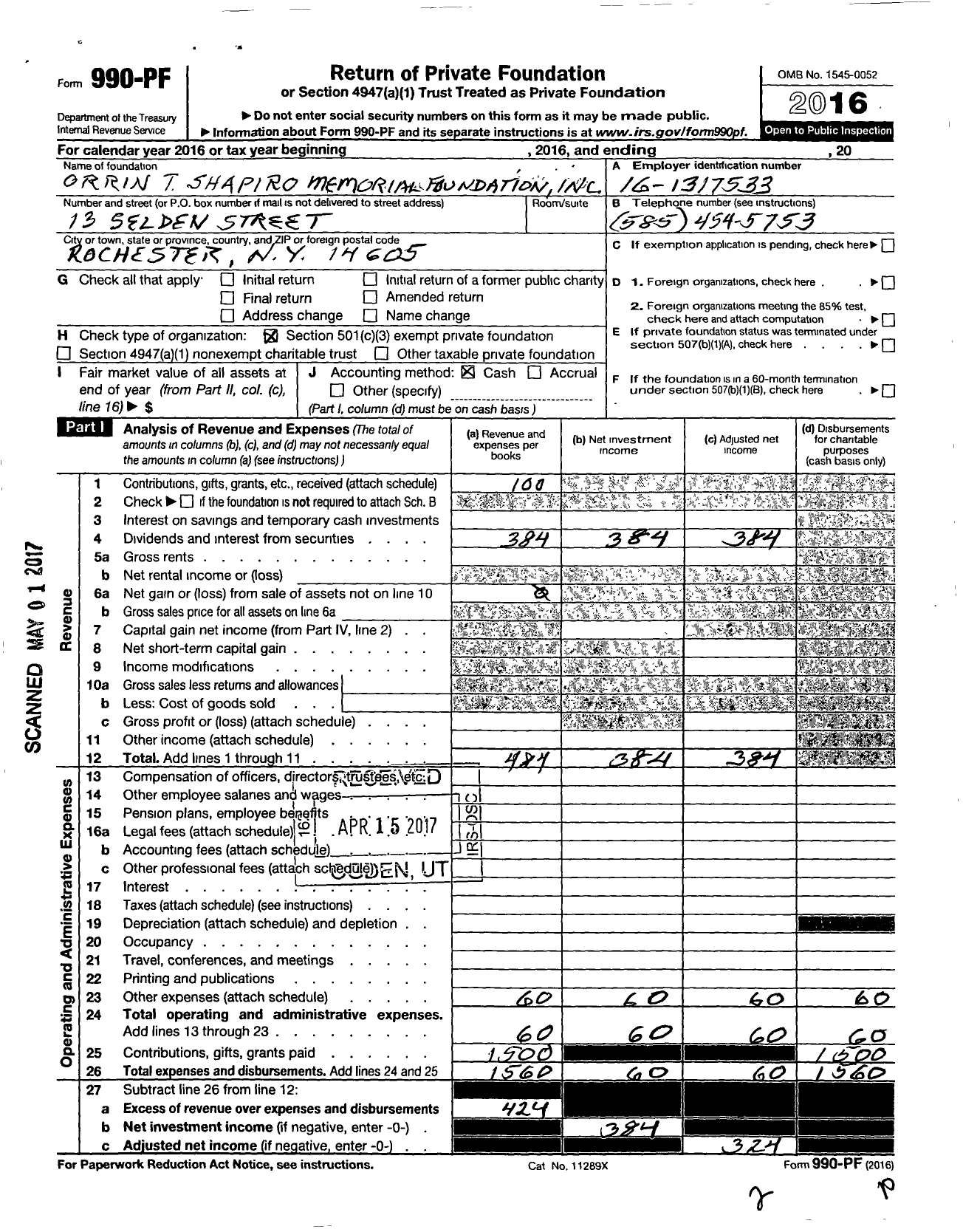 Image of first page of 2016 Form 990PF for Orrin T Shapiro Memorial Foundation