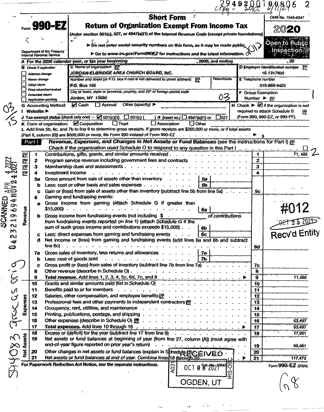 Image of first page of 2020 Form 990EZ for Jordan-Elbridge Area Church Board