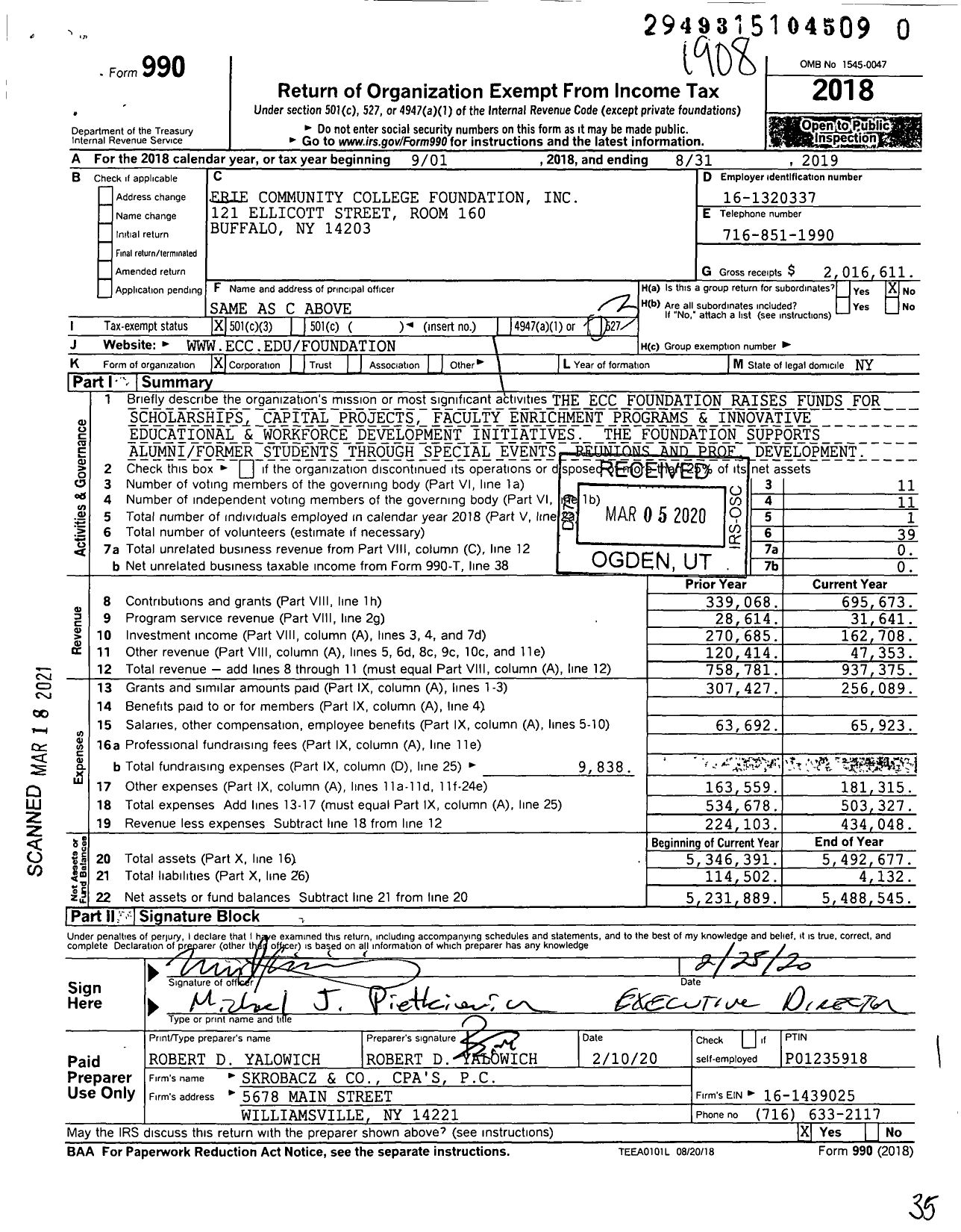 Image of first page of 2018 Form 990 for Erie Community College Foundation