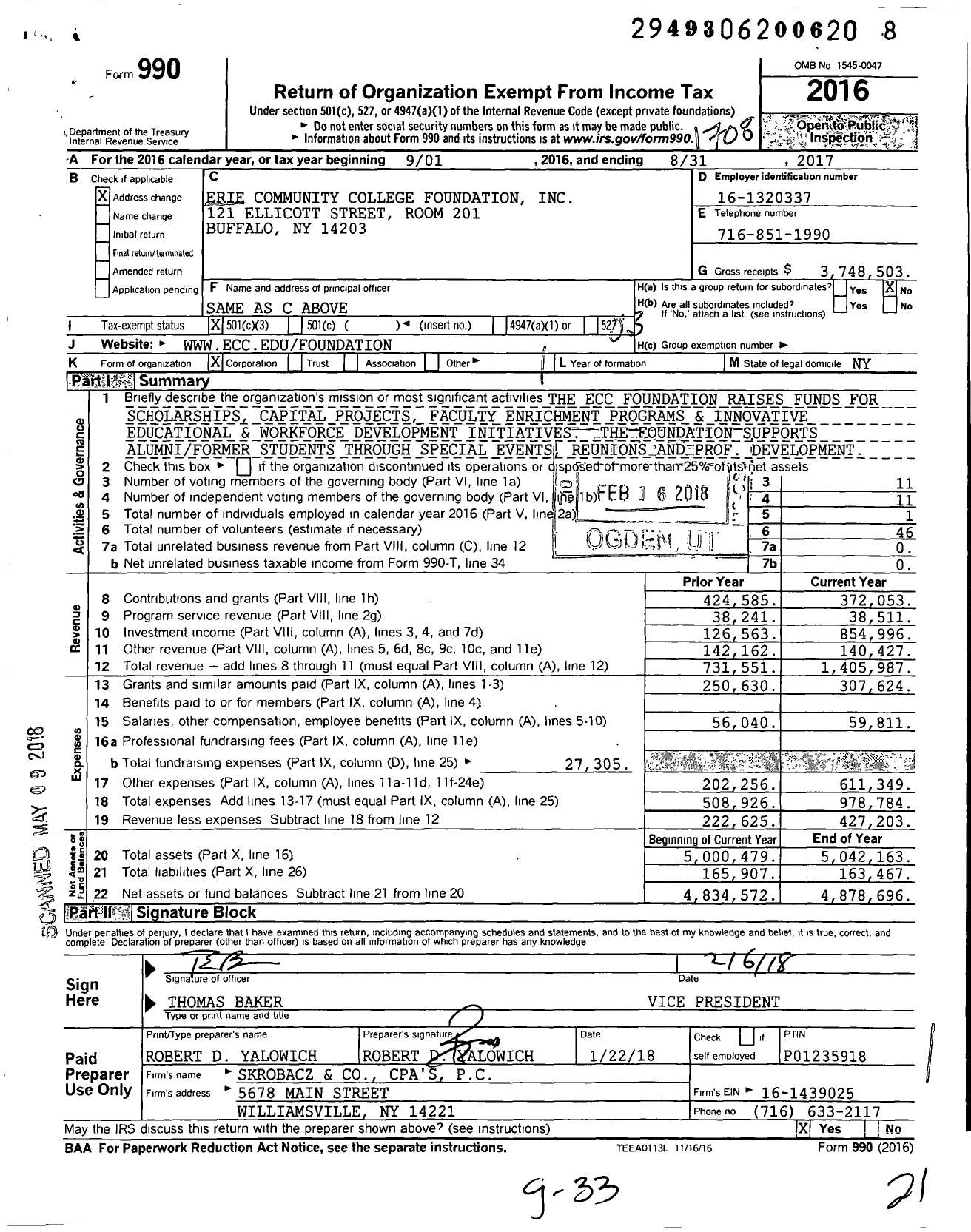 Image of first page of 2016 Form 990 for Erie Community College Foundation