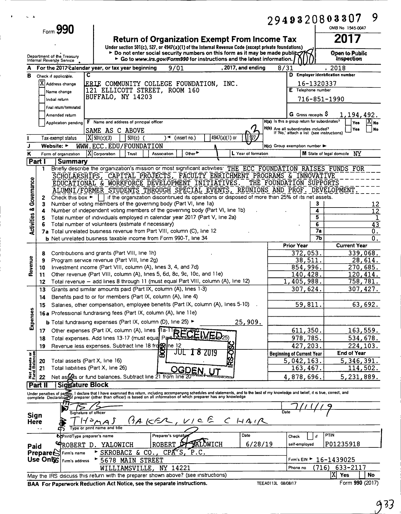Image of first page of 2017 Form 990 for Erie Community College Foundation