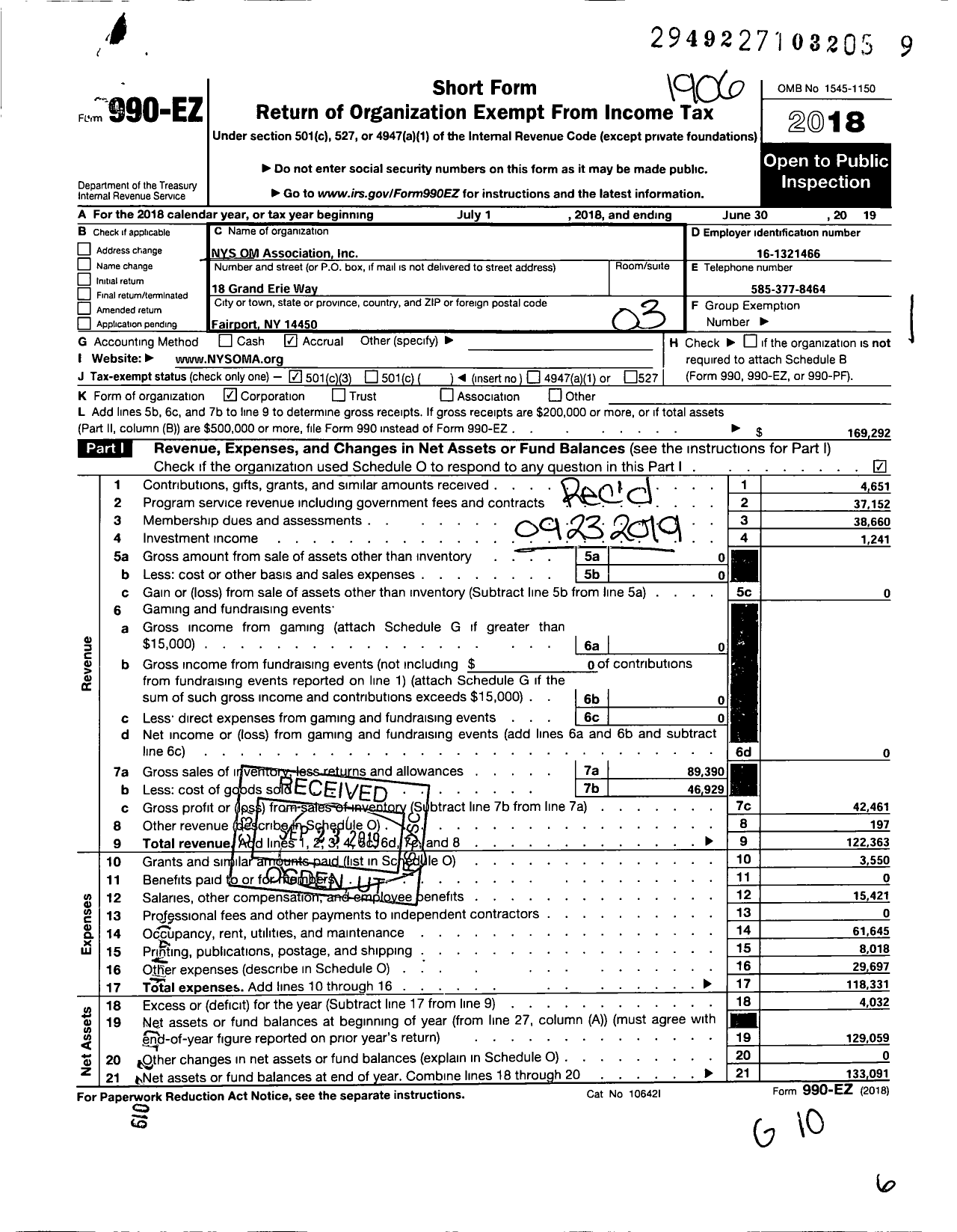 Image of first page of 2018 Form 990EZ for New York State Om Association