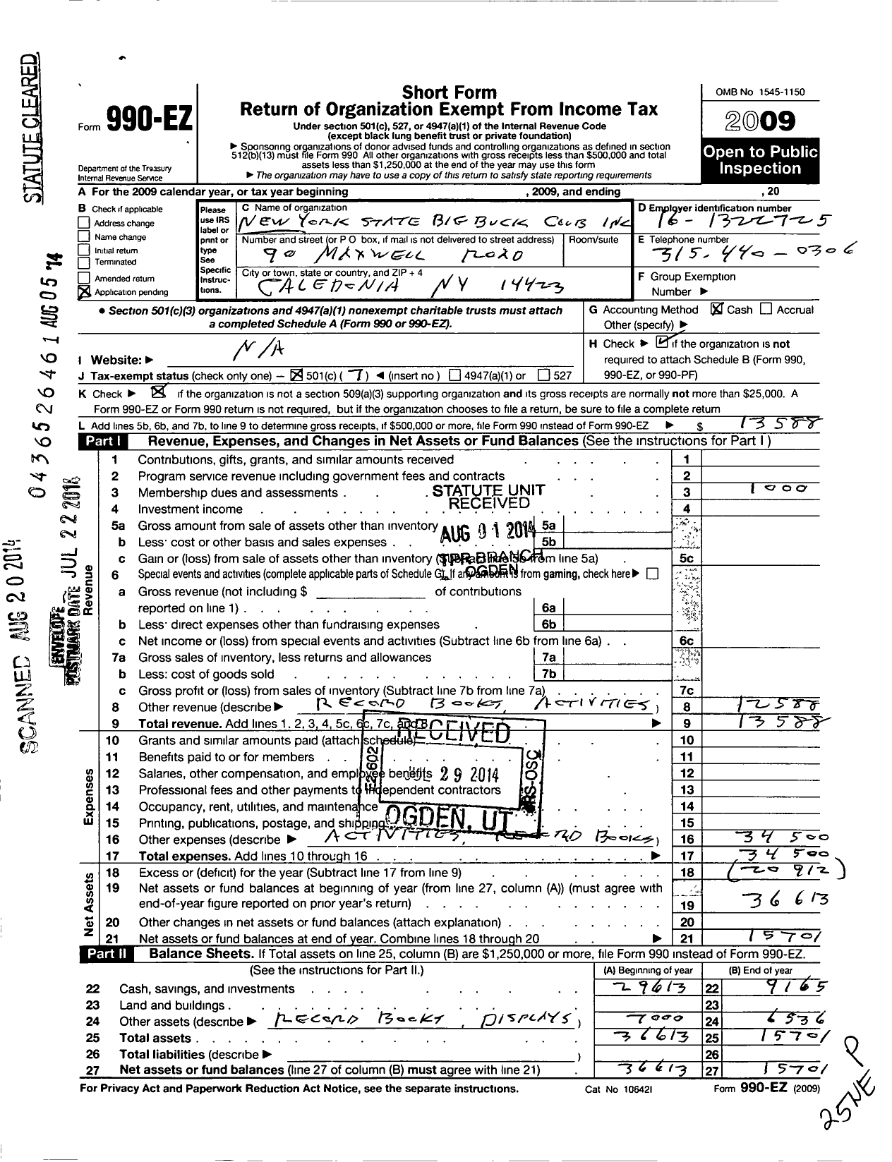 Image of first page of 2009 Form 990EO for New York State Big Buck Club