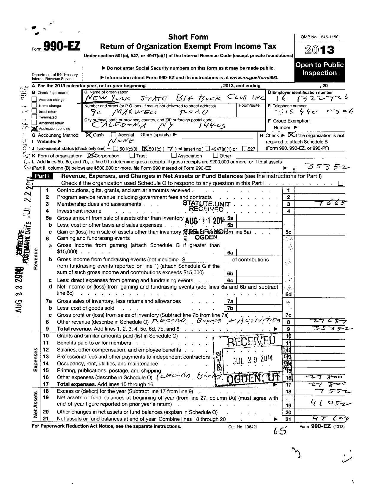 Image of first page of 2013 Form 990EO for New York State Big Buck Club