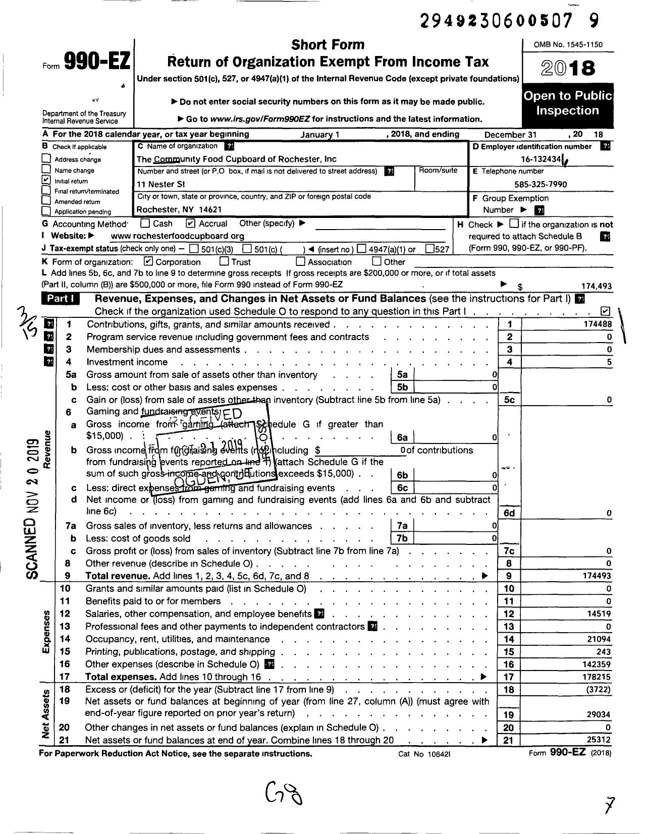 Image of first page of 2018 Form 990EZ for The Community Food Cupboard of Rochester