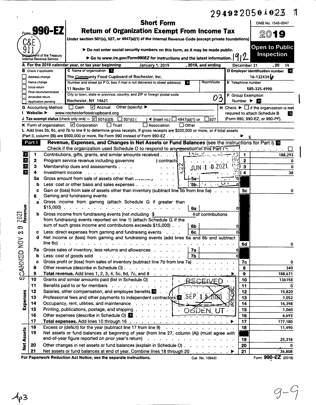 Image of first page of 2019 Form 990EZ for The Community Food Cupboard of Rochester