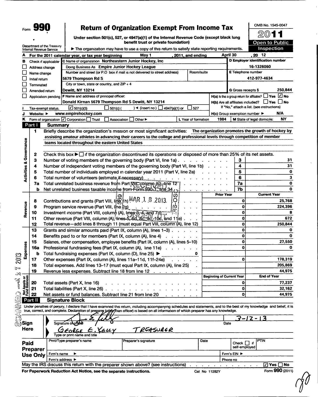 Image of first page of 2011 Form 990 for Northeastern Junior Hockey