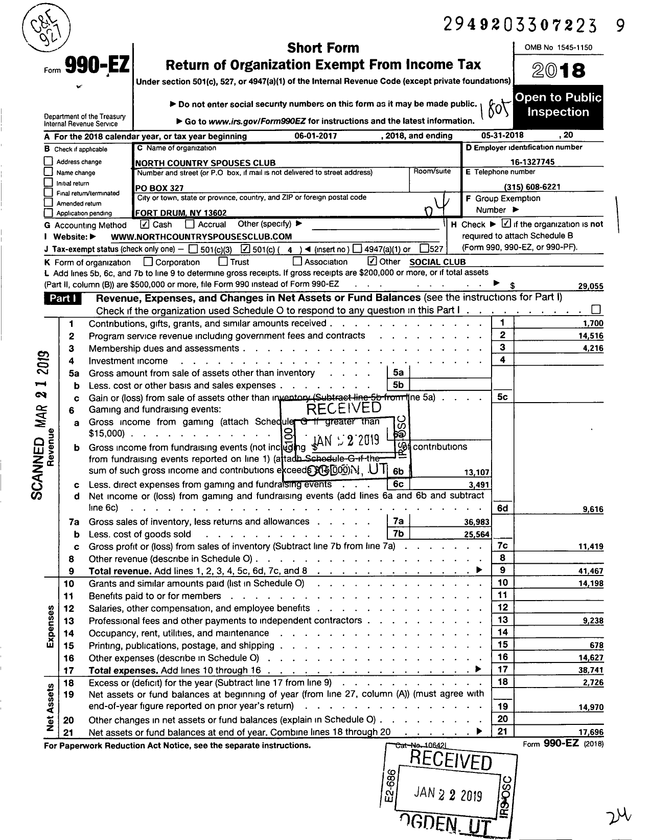 Image of first page of 2017 Form 990EO for North Country Spouses Club