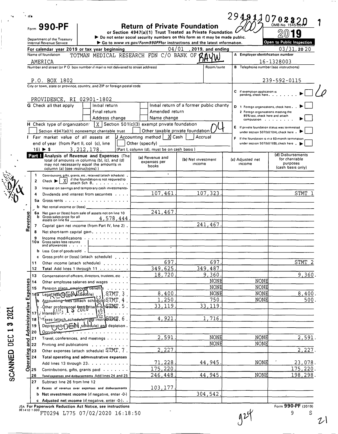 Image of first page of 2019 Form 990PF for Ray W and Ildah Totman Medical Resear Bank