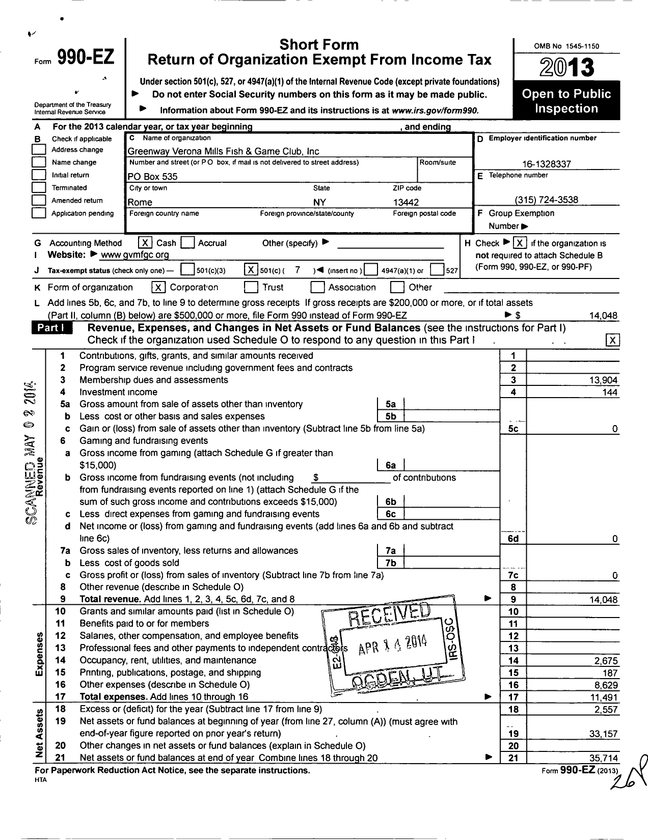 Image of first page of 2013 Form 990EO for Greenway Verona Mills Fish and Game Club