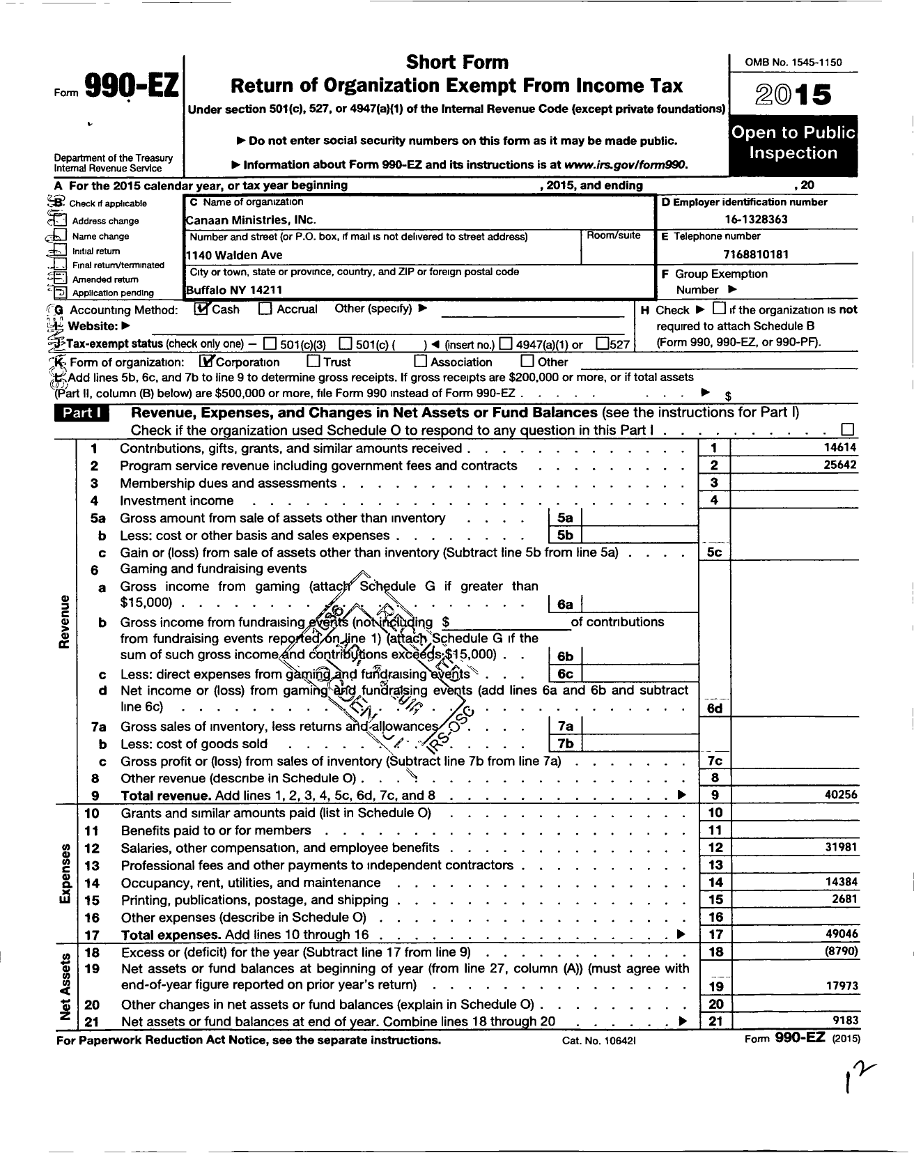 Image of first page of 2015 Form 990EO for Canaan Ministries