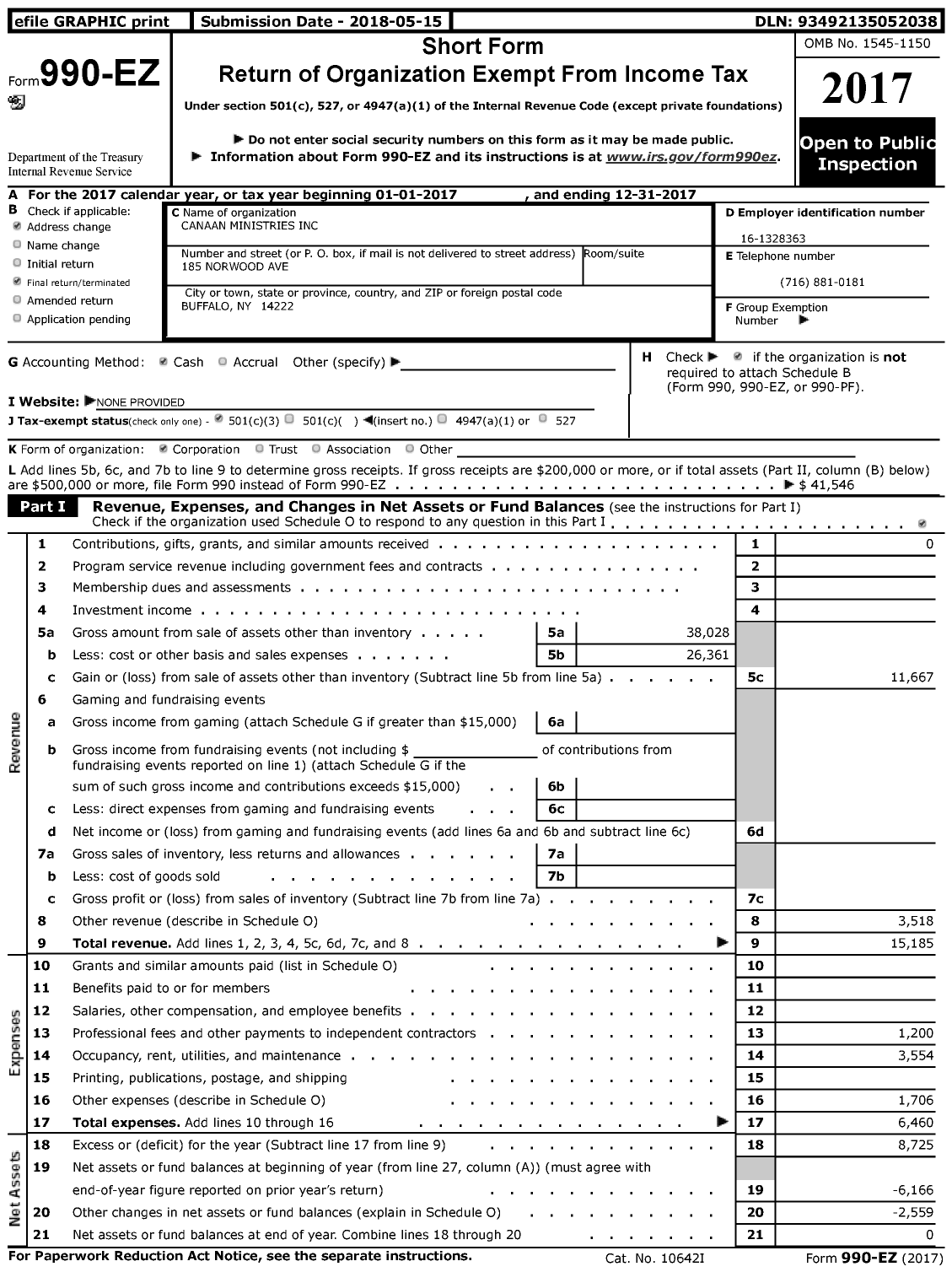 Image of first page of 2017 Form 990EZ for Canaan Ministries