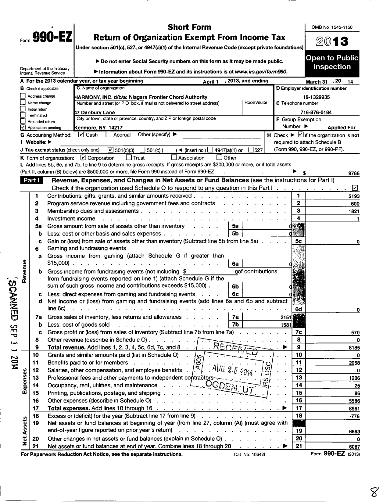 Image of first page of 2013 Form 990EZ for Harmony / Niagara Frontier Chord Authority