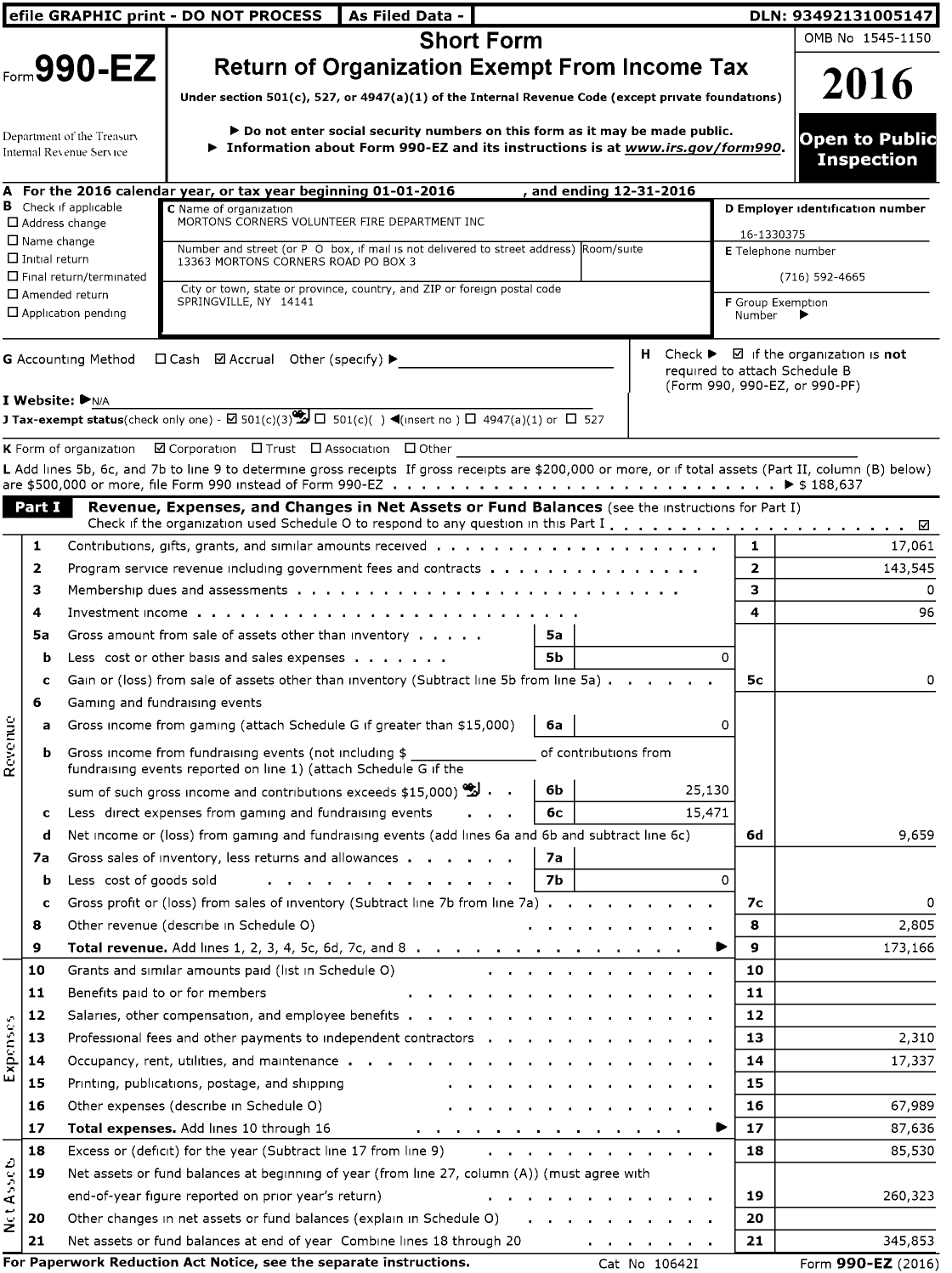 Image of first page of 2016 Form 990EZ for Mortons Corners Volunteer Fire Department