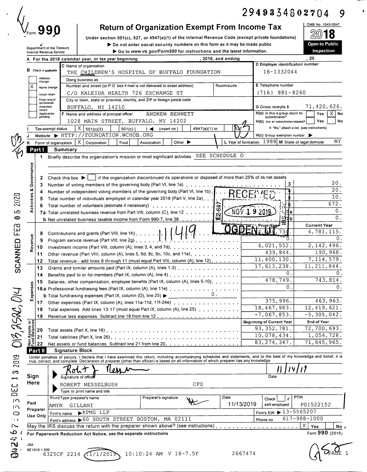 Image of first page of 2018 Form 990 for The Children's Hospital of Buffalo Foundation (WCHOB)