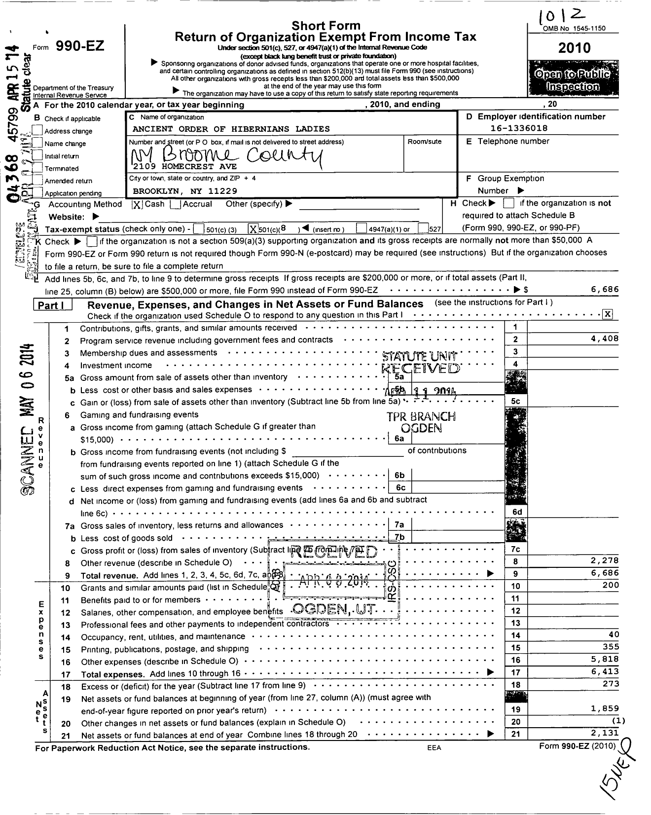 Image of first page of 2010 Form 990EO for Ladies Ancient Order of Hibernians