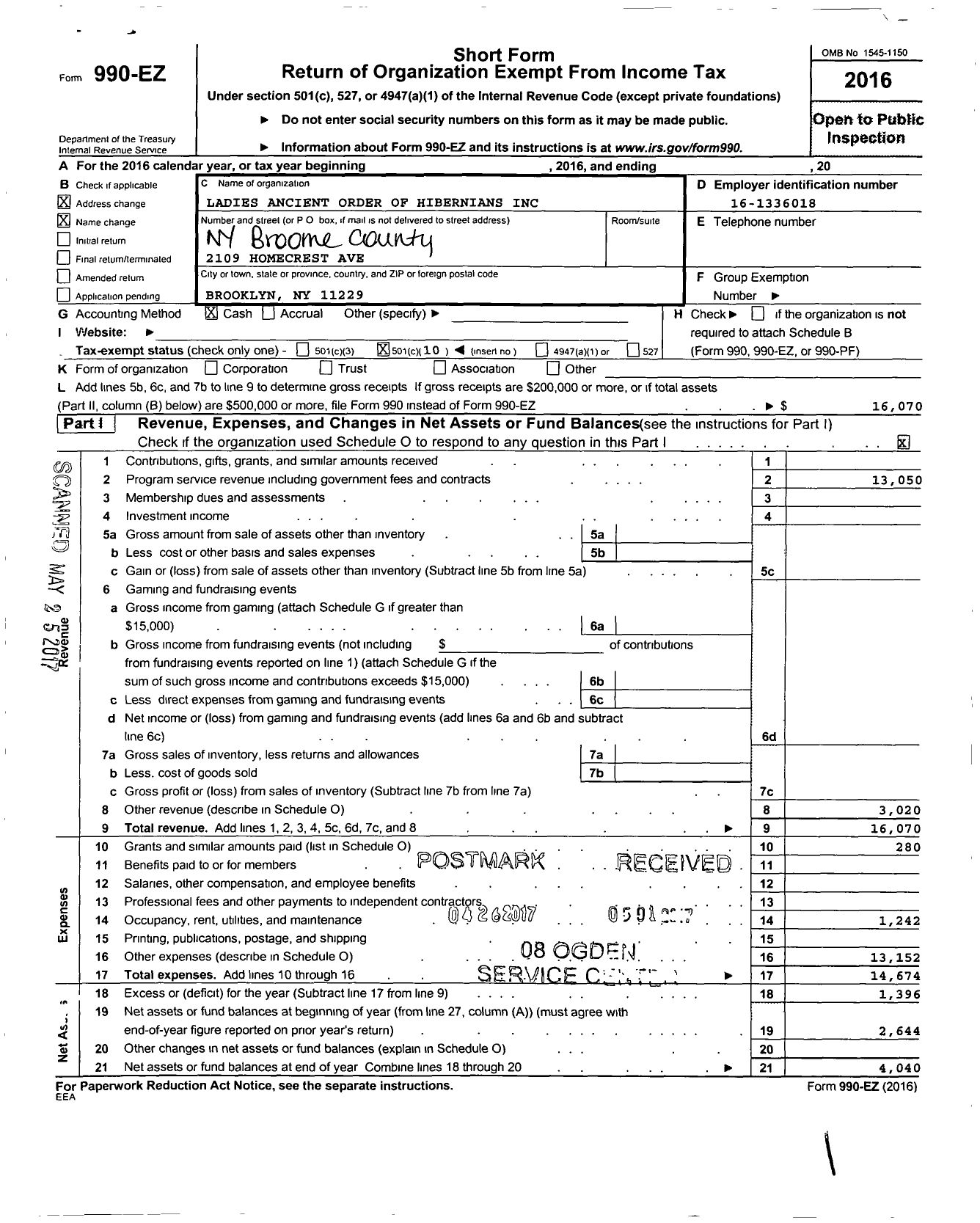 Image of first page of 2016 Form 990EO for Ladies Ancient Order of Hibernians