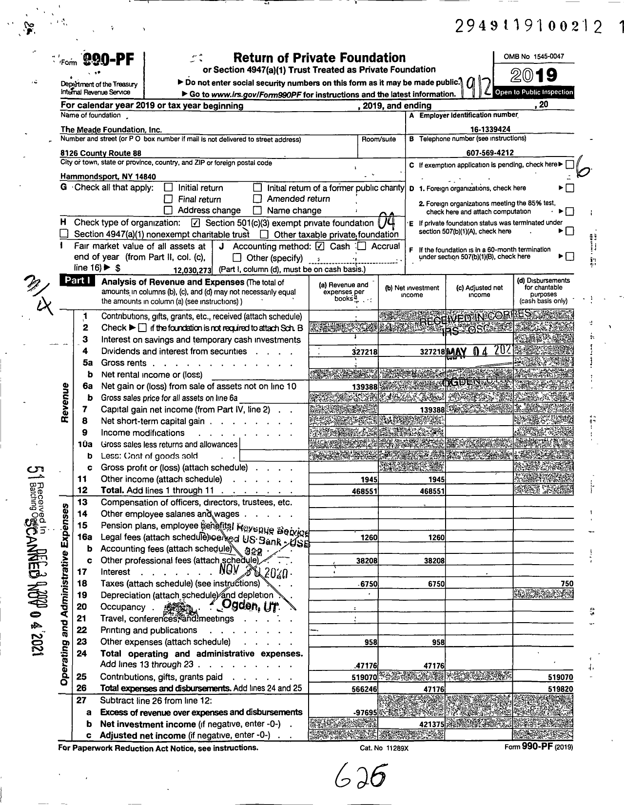 Image of first page of 2019 Form 990PF for The Meade Foundation