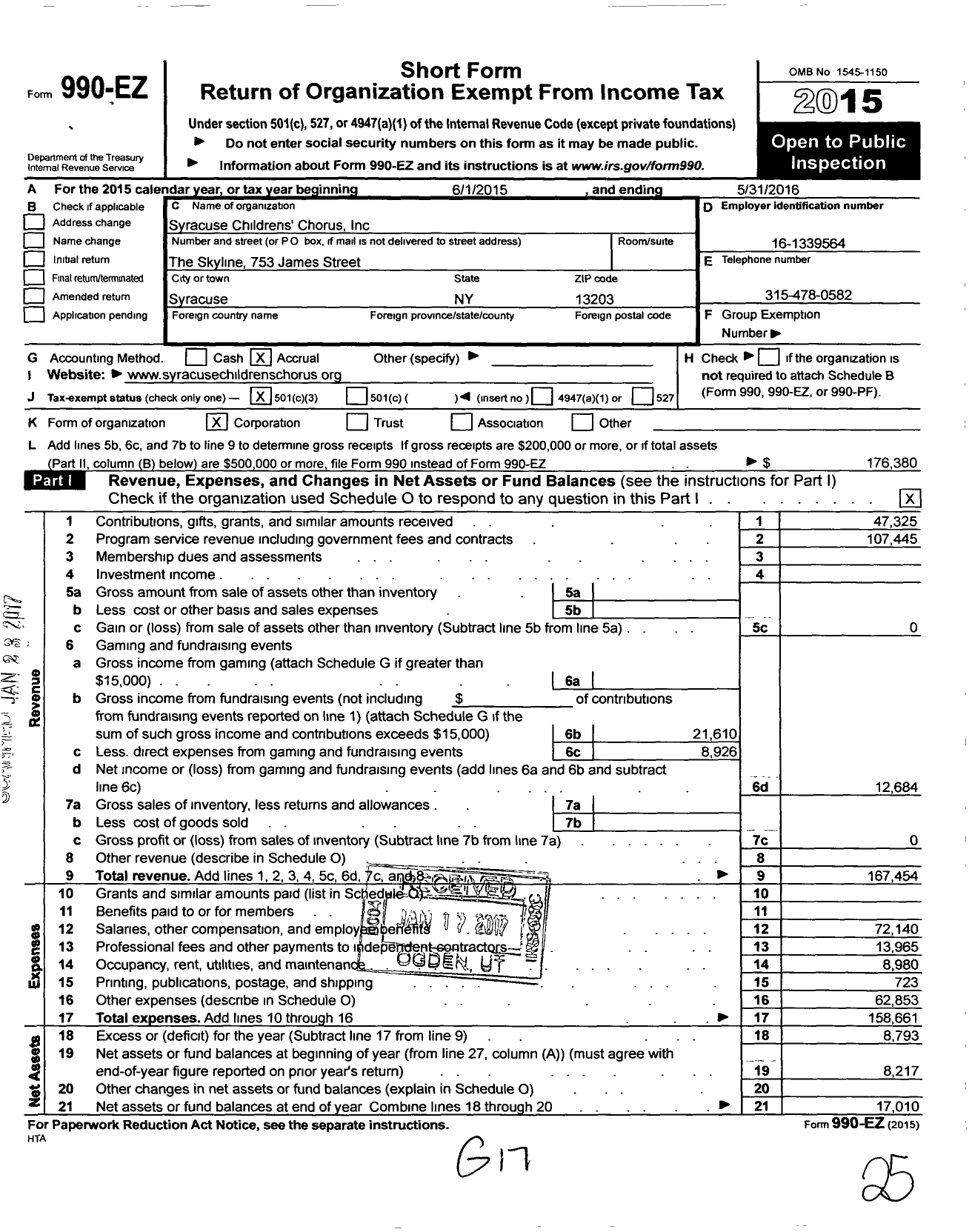 Image of first page of 2015 Form 990EZ for Syracuse Children's Chorus LLC