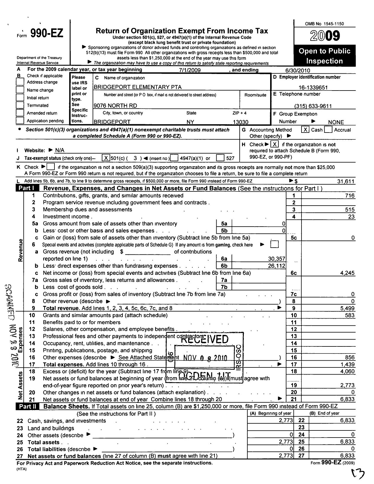 Image of first page of 2009 Form 990EZ for New York State PTA - 06-378 Bridgeport PTA