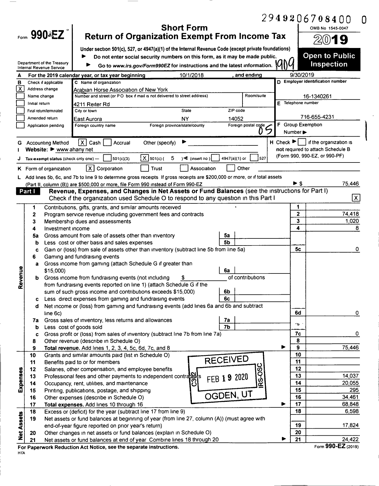 Image of first page of 2018 Form 990EO for Arabian Horse Association of New York