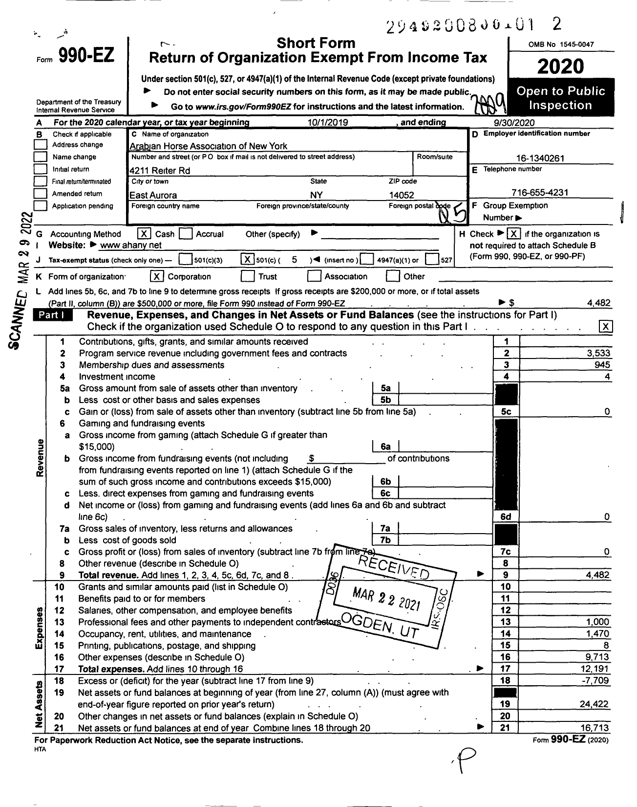 Image of first page of 2019 Form 990EO for Arabian Horse Association of New York