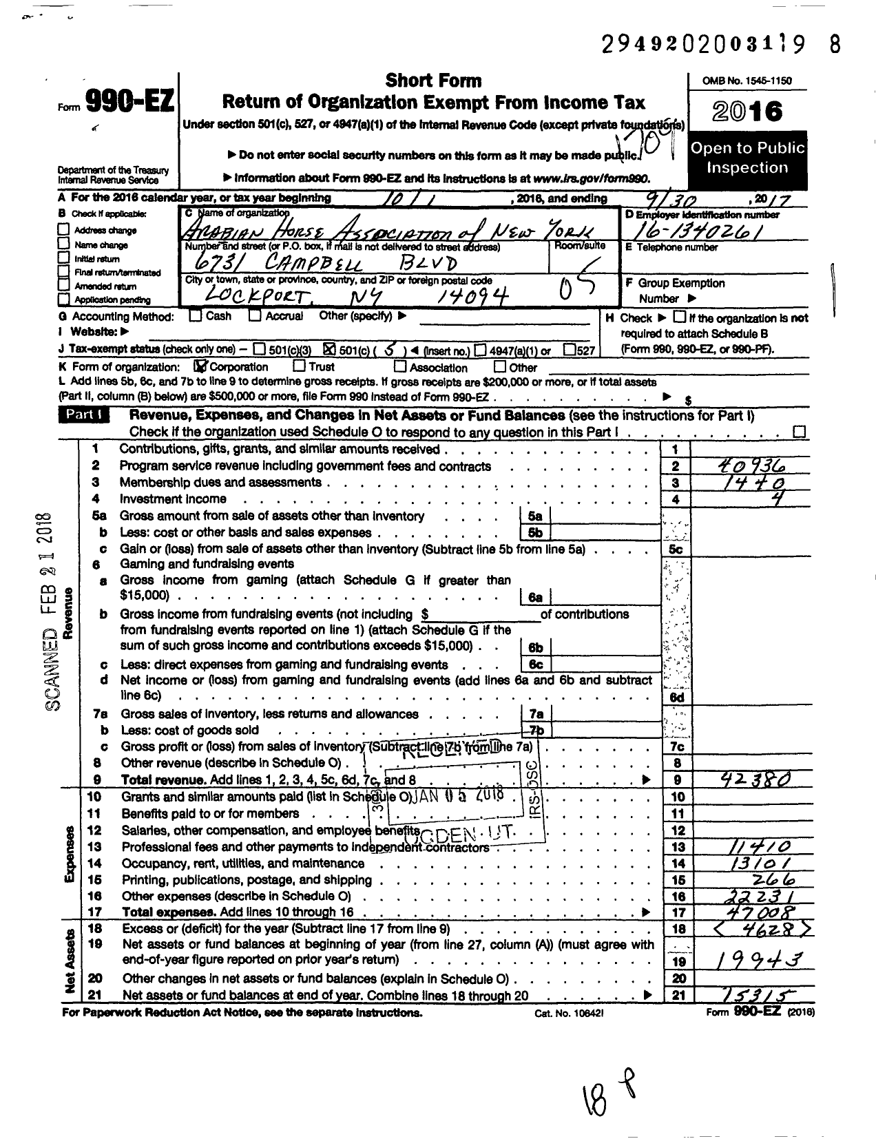 Image of first page of 2016 Form 990EO for Arabian Horse Association of New York