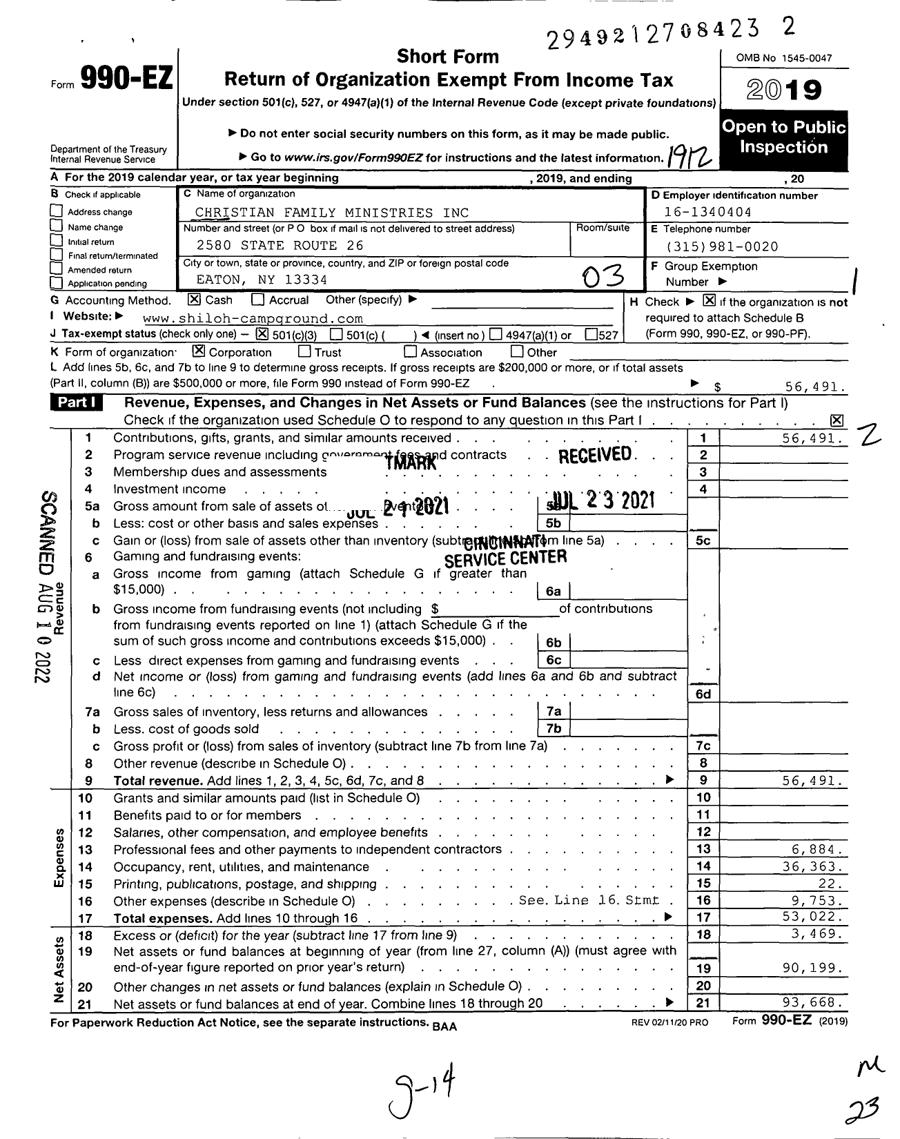 Image of first page of 2019 Form 990EZ for Christian Family Ministries / Shiloh Christian Family Camp Ground