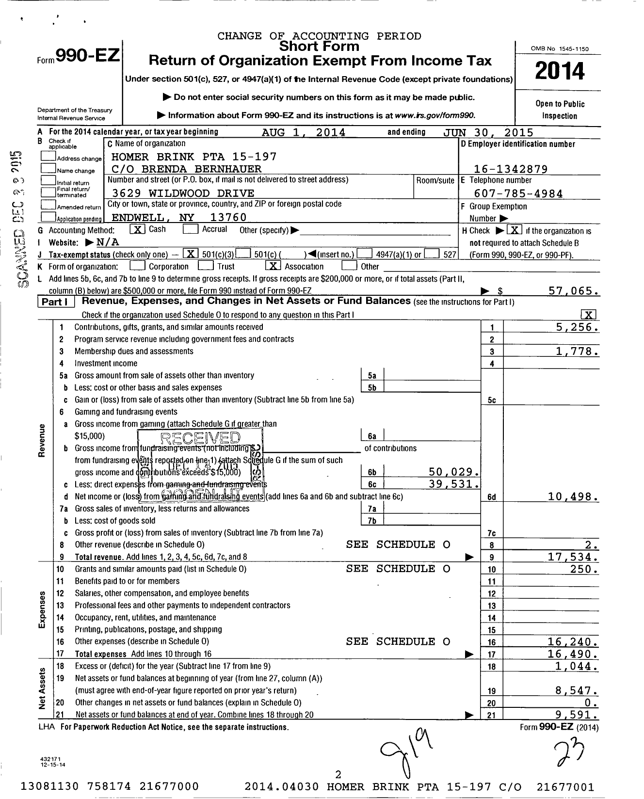 Image of first page of 2014 Form 990EZ for New York State PTA - 15-197 Homer Brink Elementary PTA