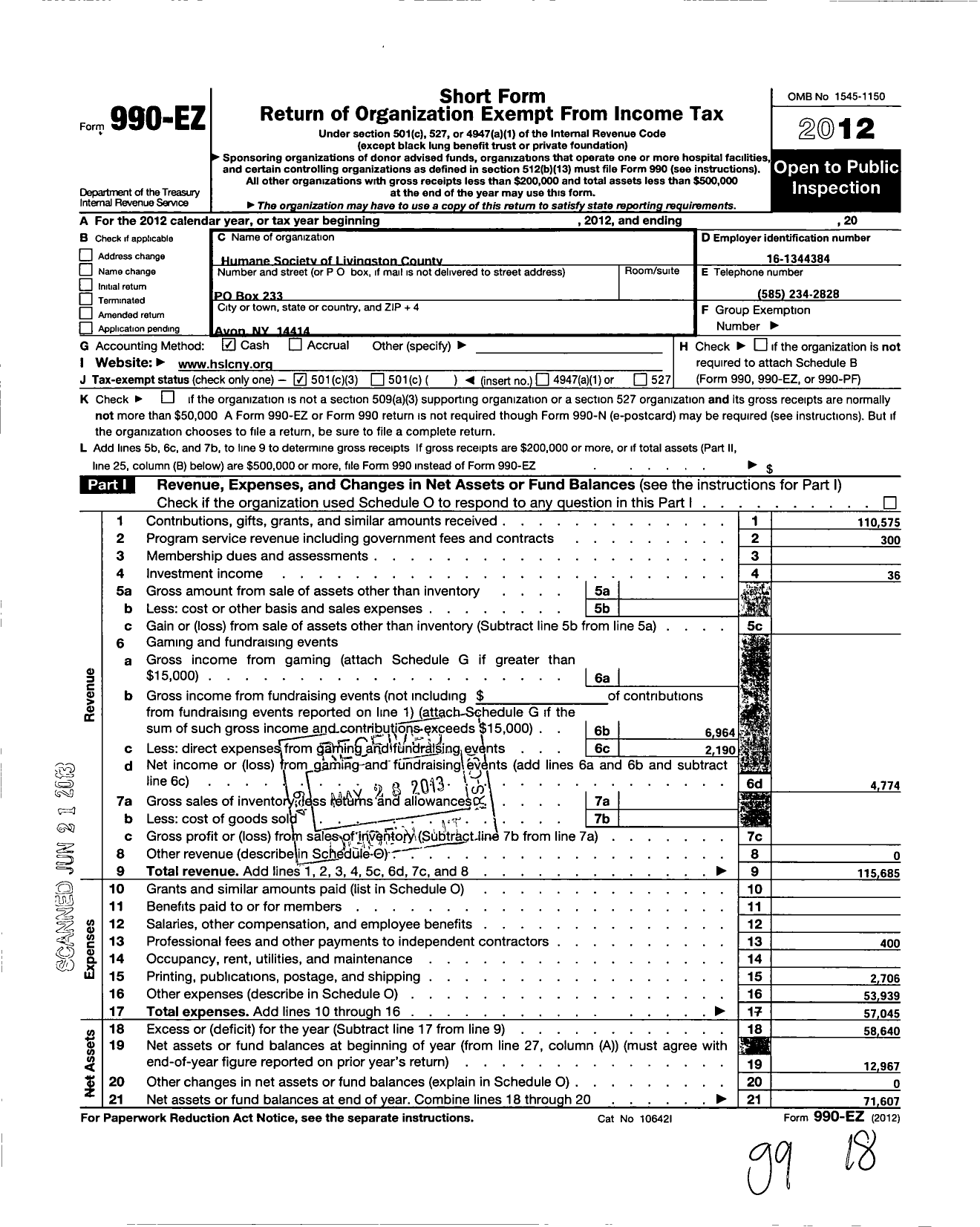 Image of first page of 2012 Form 990EZ for Humane Society of Livingston County