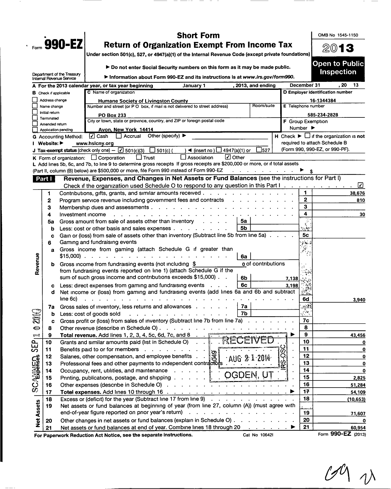 Image of first page of 2013 Form 990EZ for Humane Society of Livingston County