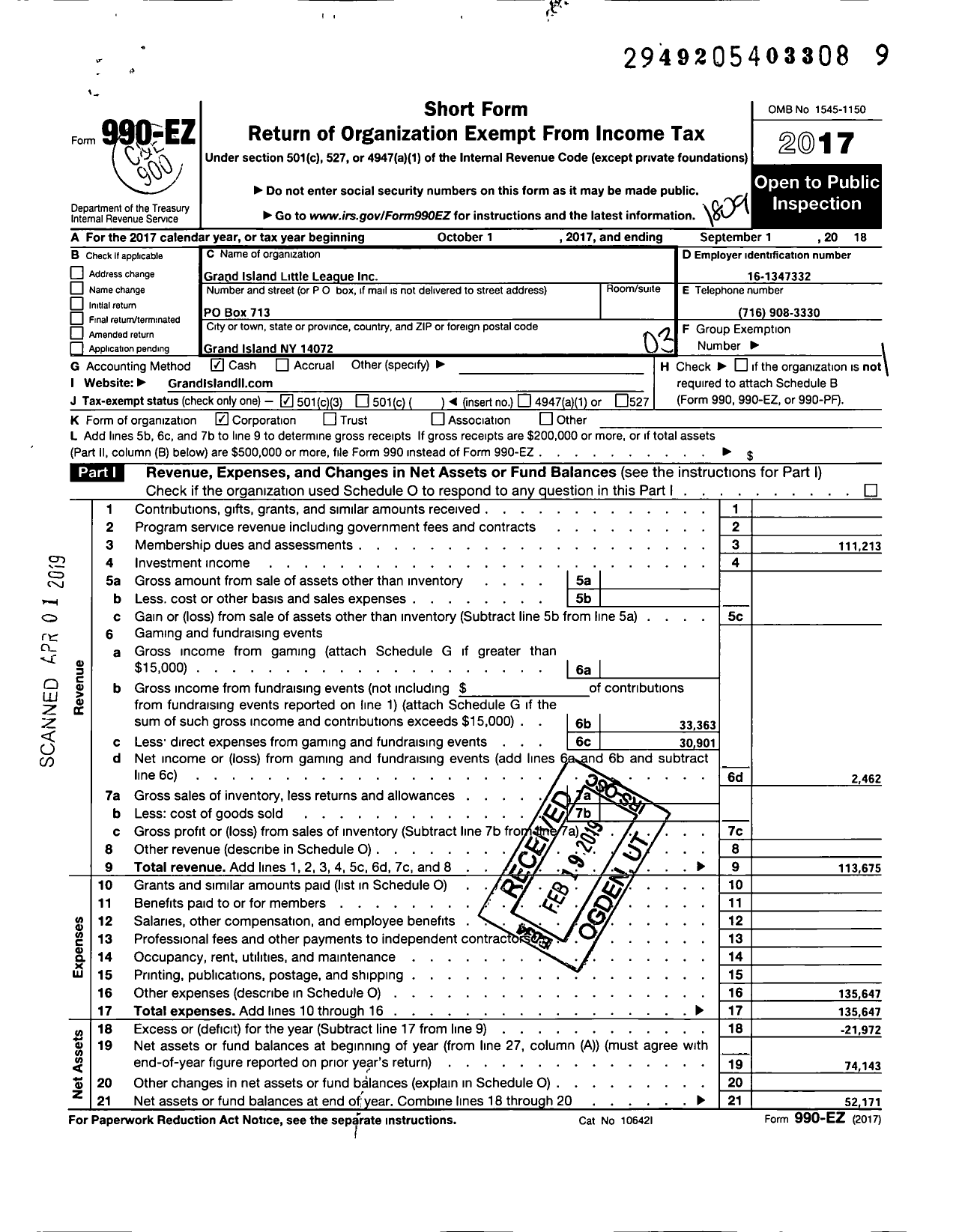 Image of first page of 2017 Form 990EZ for Grand Island Little League