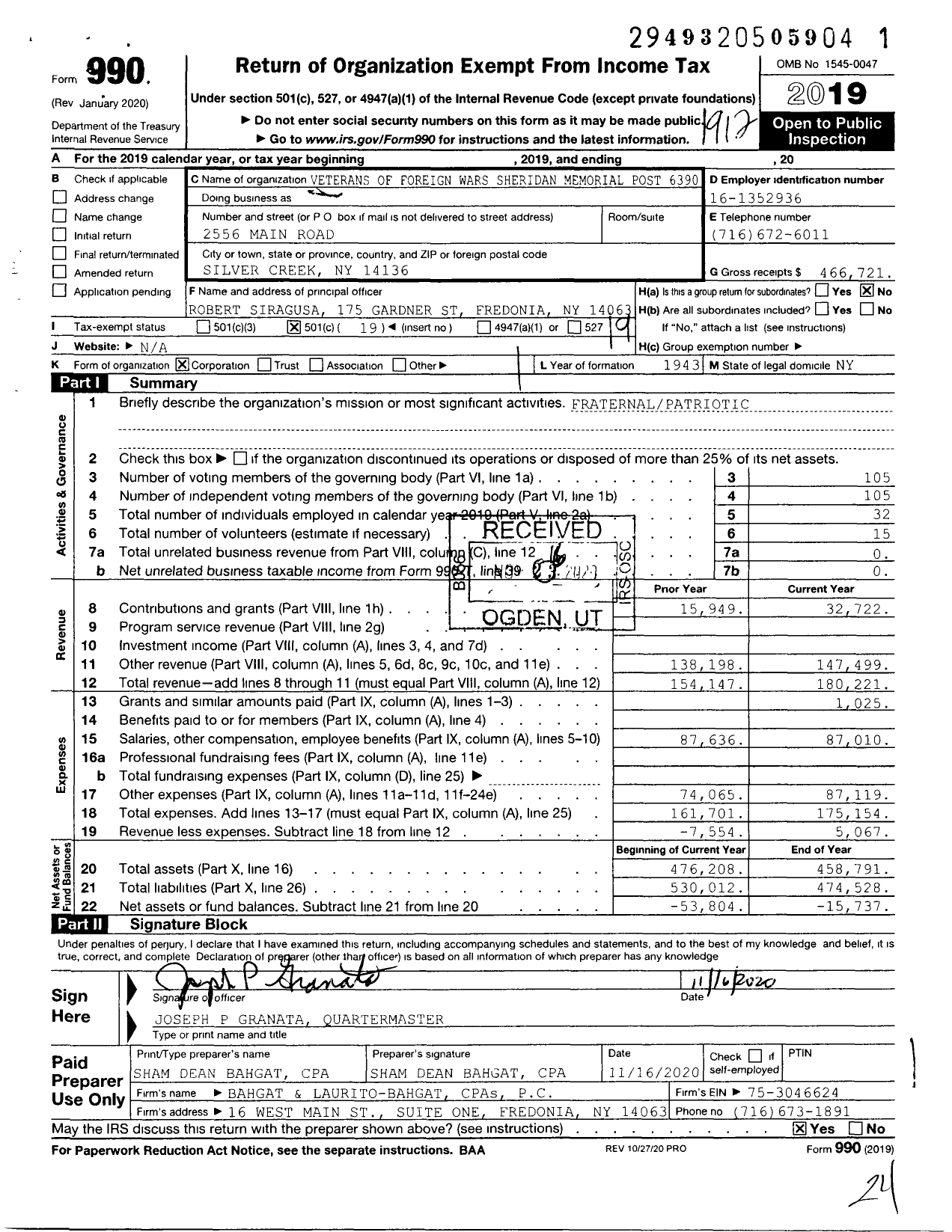 Image of first page of 2019 Form 990O for Veterans of Foreign Wars Sheridan Memorial Post 6390