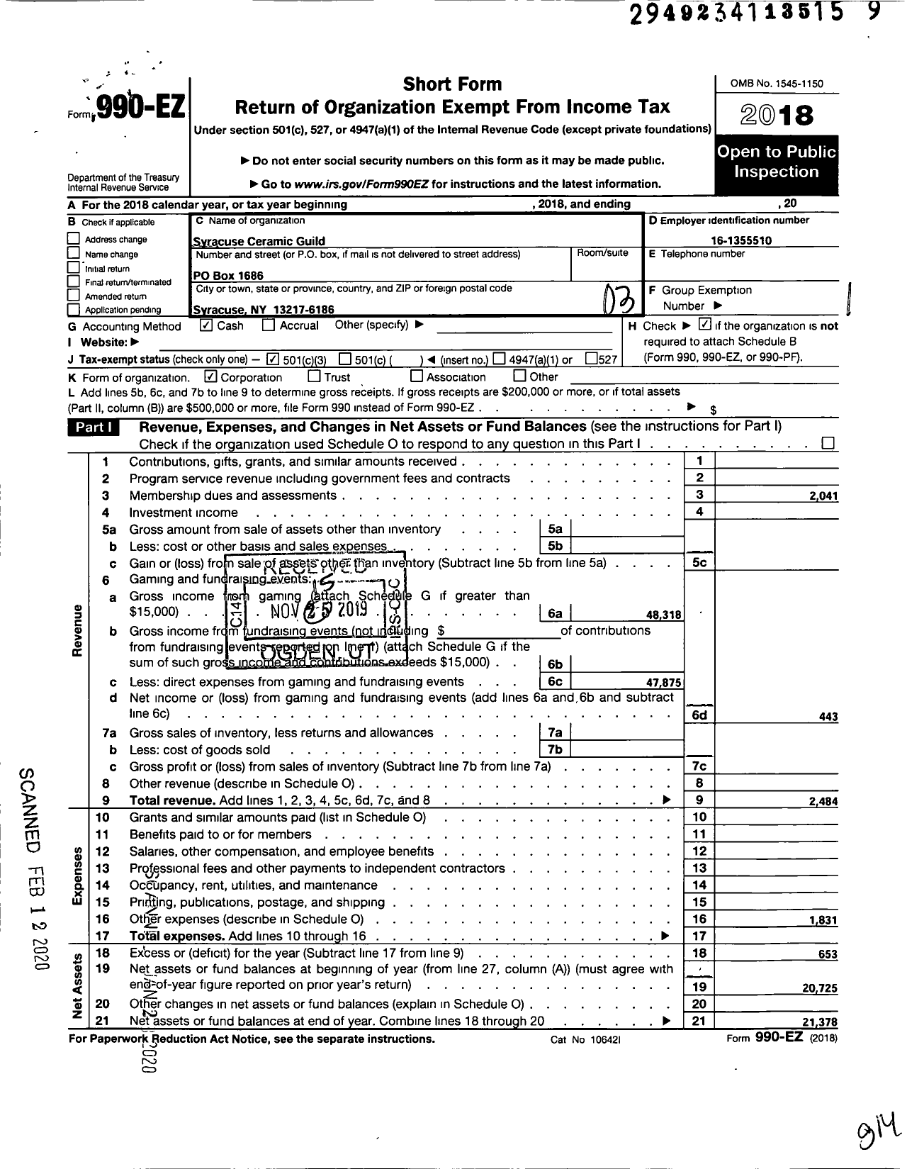 Image of first page of 2018 Form 990EZ for Syracuse Ceramic Guild