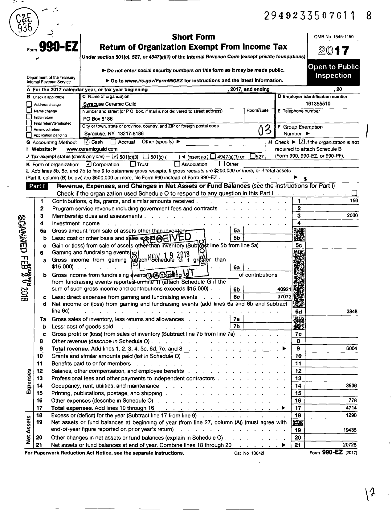 Image of first page of 2017 Form 990EZ for Syracuse Ceramic Guild