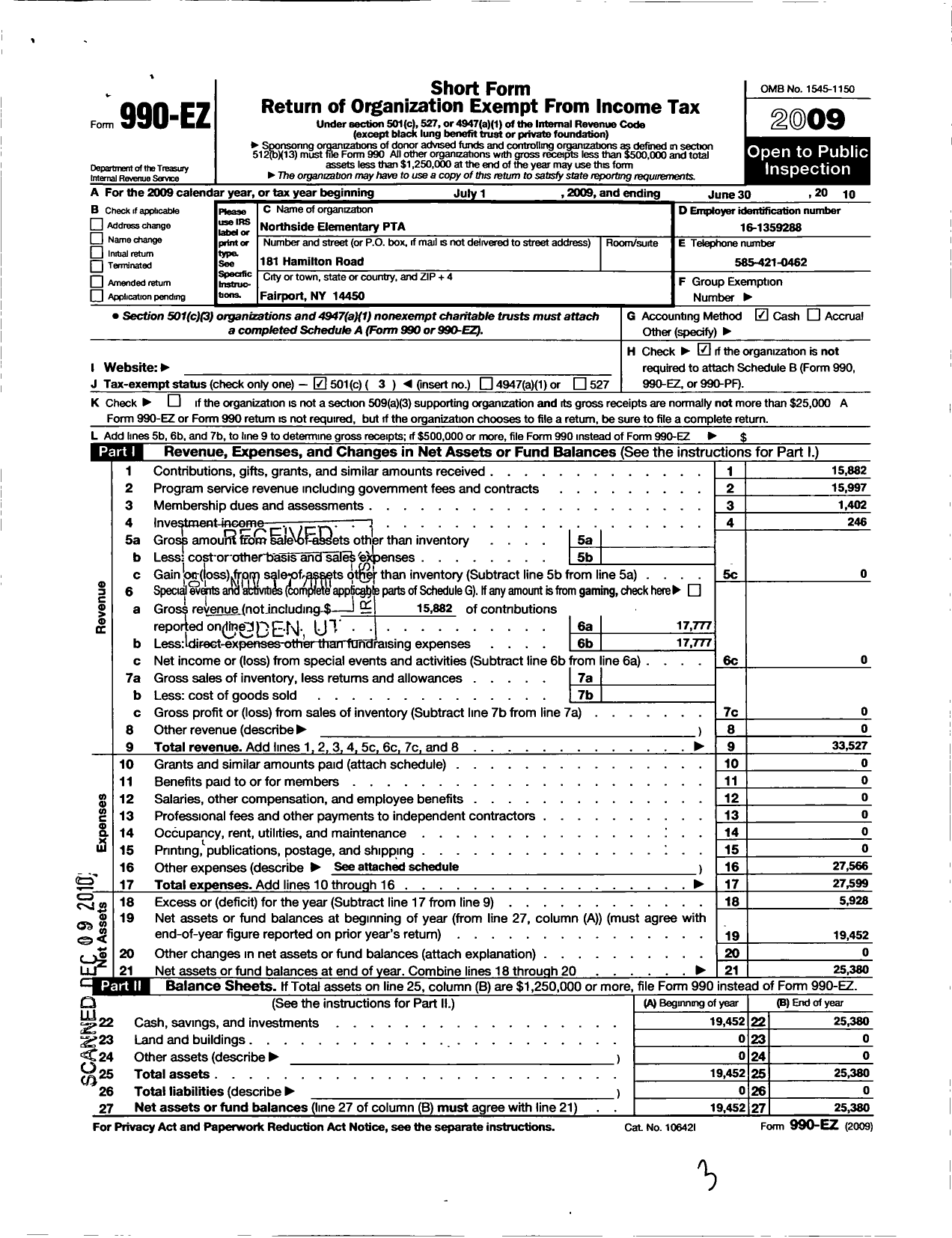 Image of first page of 2009 Form 990EZ for New York State PTA - 07-249 Northside School PTA