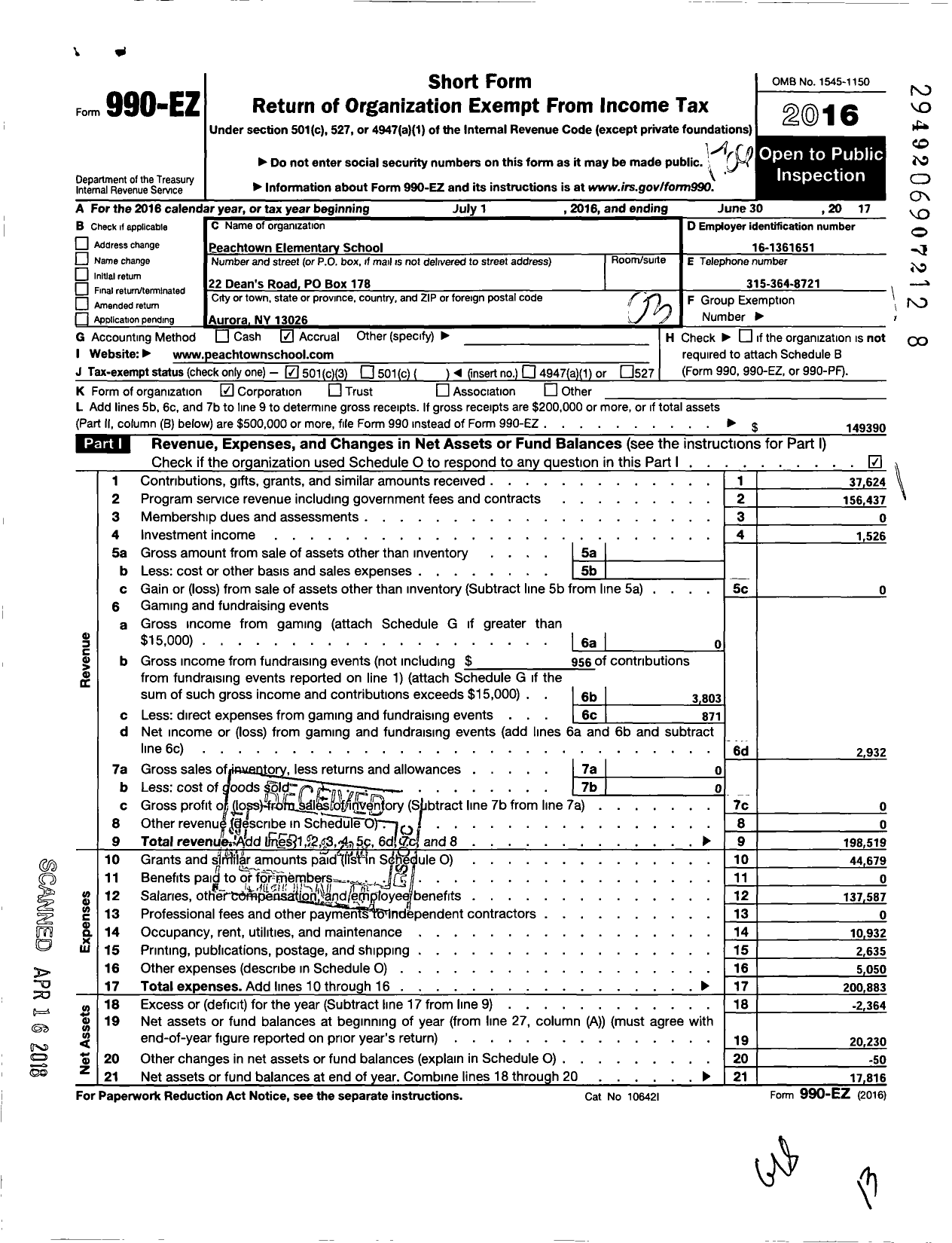 Image of first page of 2016 Form 990EZ for Peachtown Elementary School