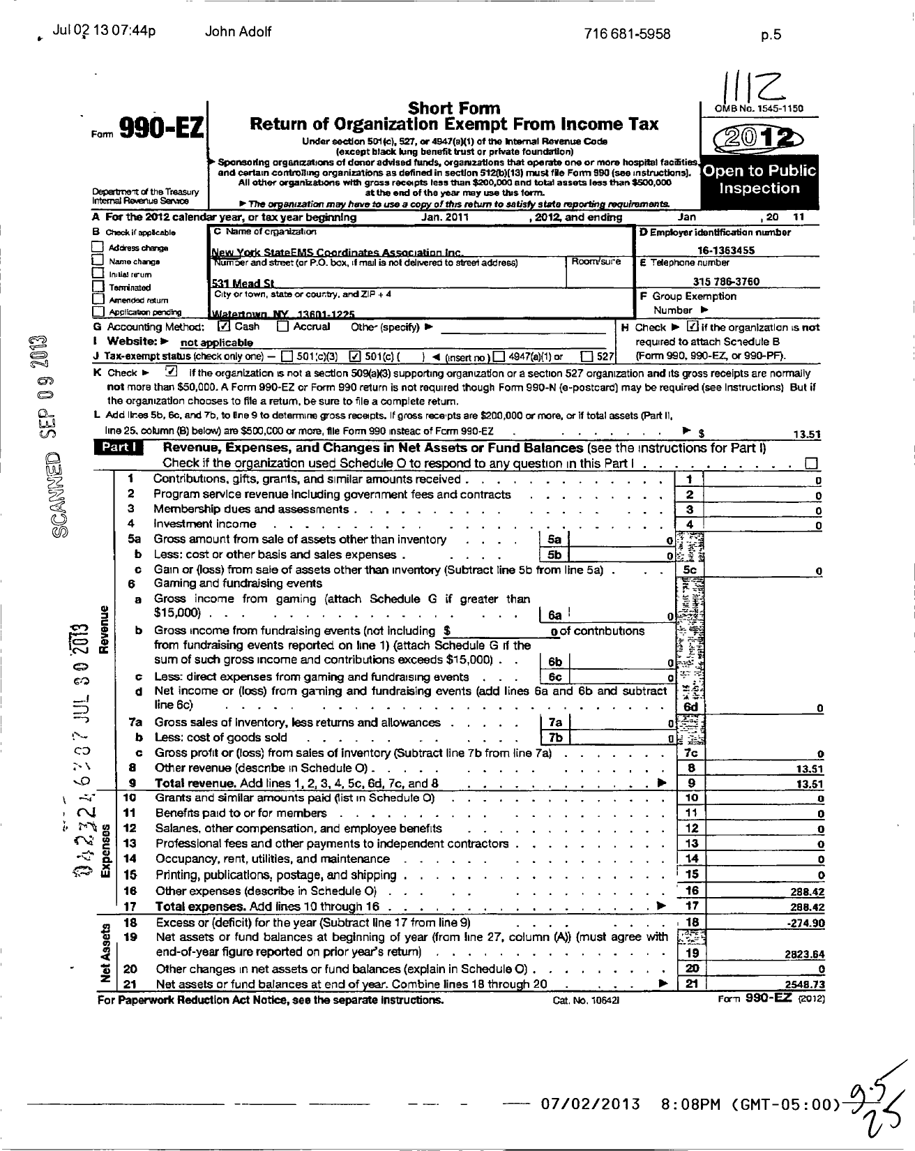 Image of first page of 2011 Form 990EO for New York State Ems Coordinates Association