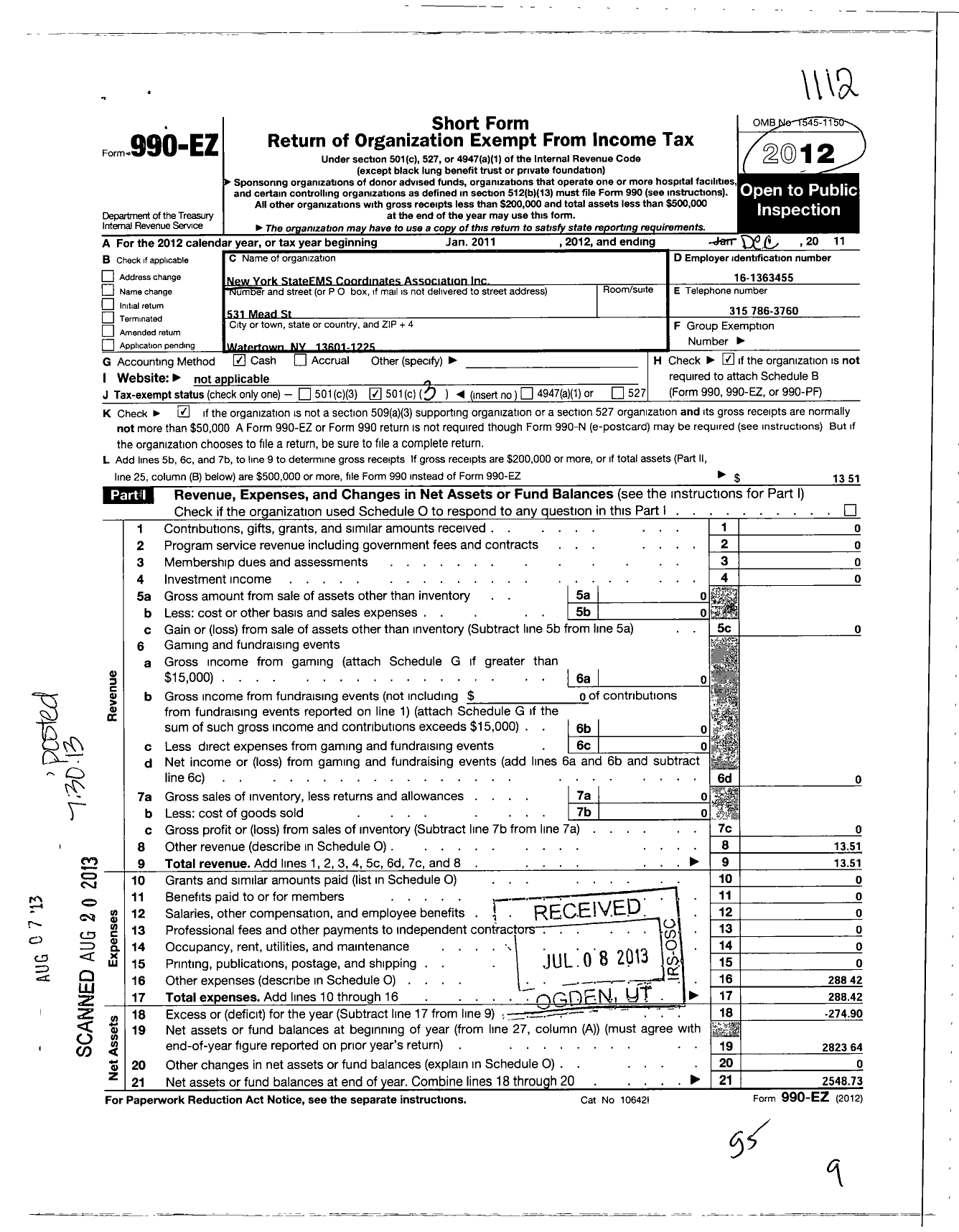 Image of first page of 2011 Form 990EZ for New York State Ems Coordinates Association