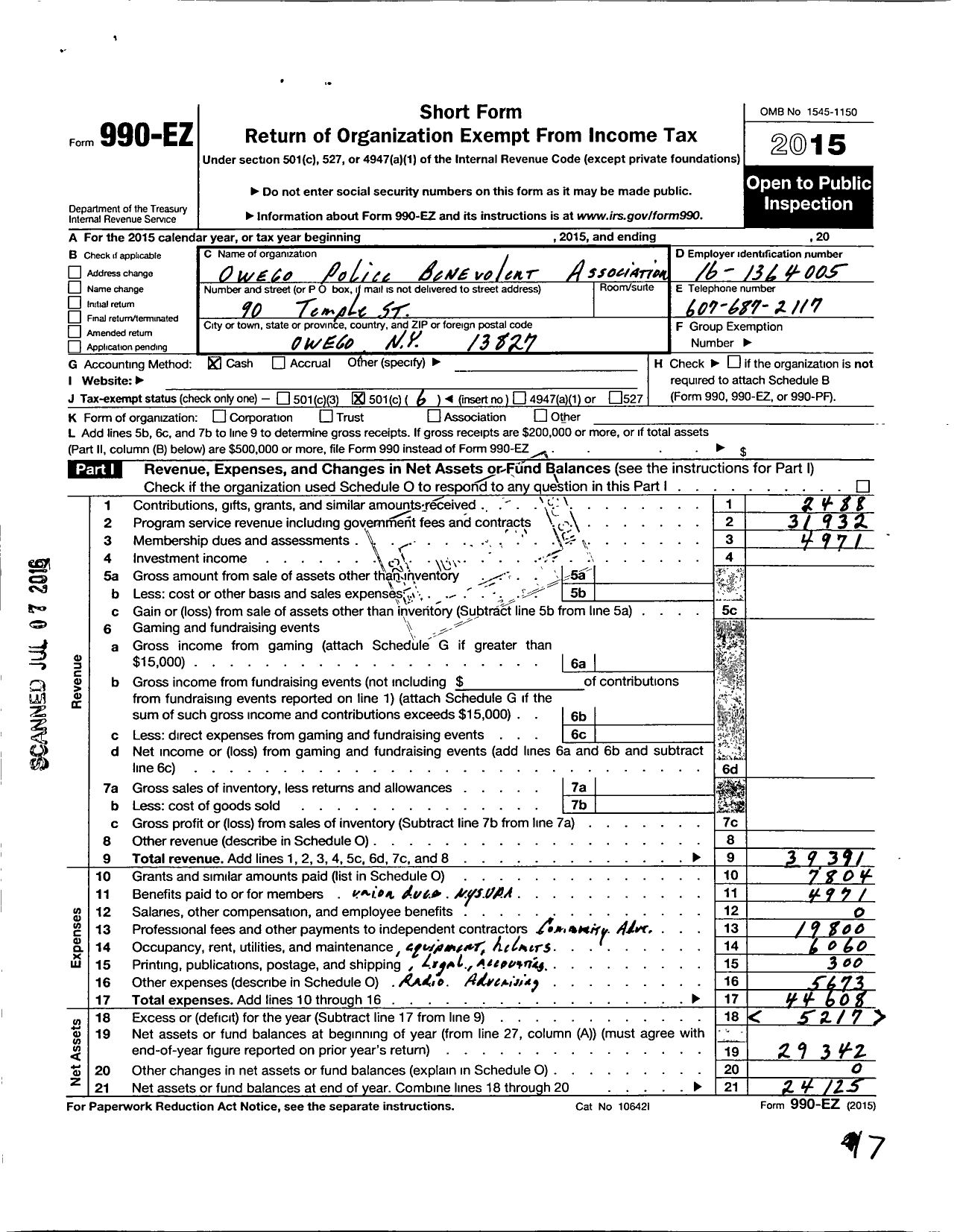 Image of first page of 2015 Form 990EO for Owego Police Benevolent Association