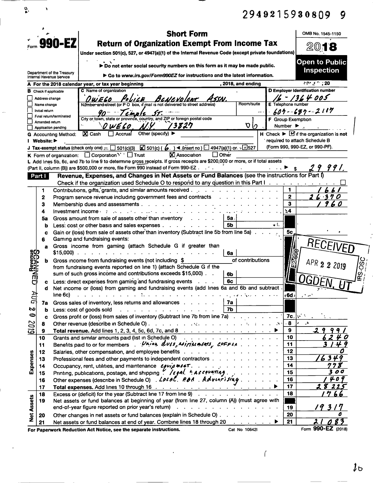 Image of first page of 2018 Form 990EO for Owego Police Benevolent Association