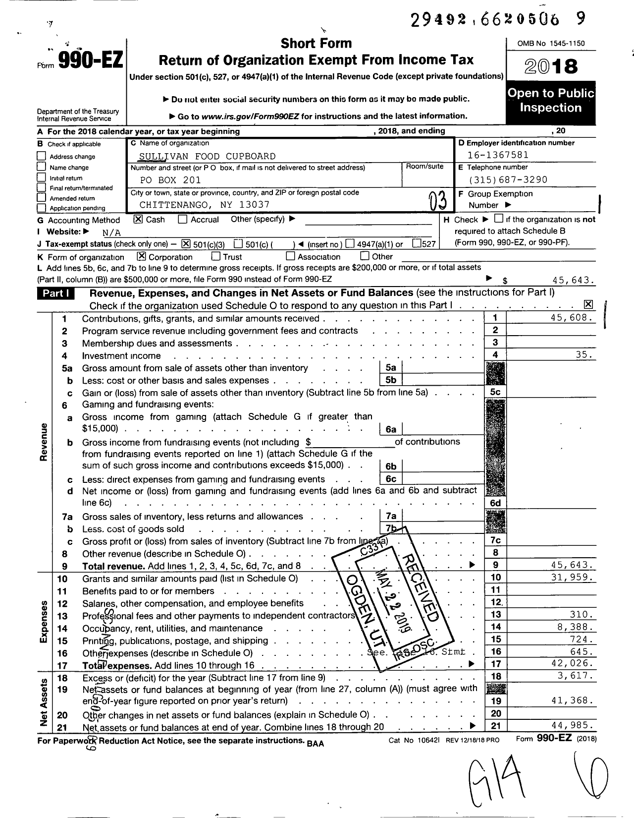 Image of first page of 2018 Form 990EZ for Sullivan Food Cupboard