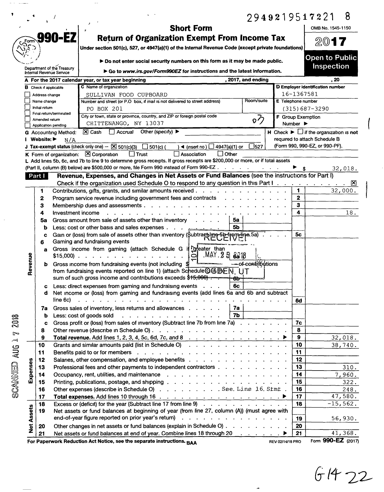 Image of first page of 2017 Form 990EZ for Sullivan Food Cupboard