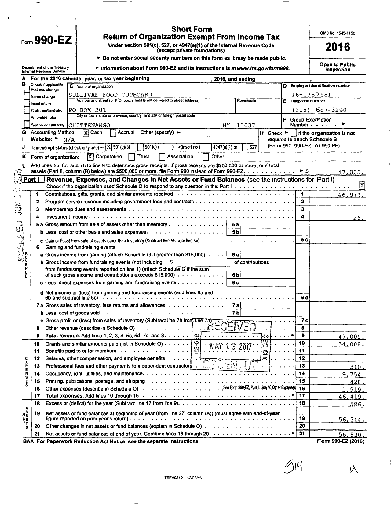 Image of first page of 2016 Form 990EZ for Sullivan Food Cupboard