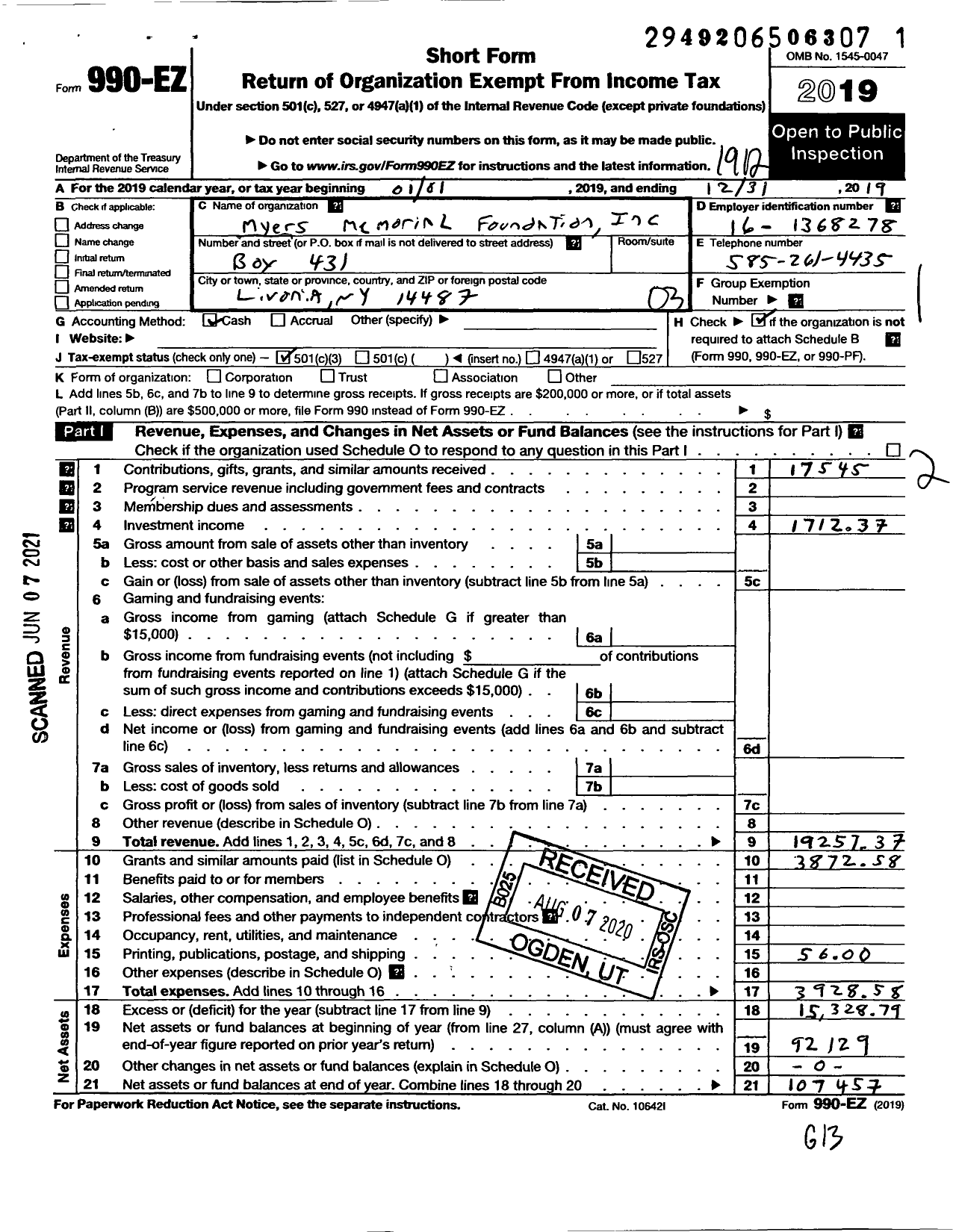 Image of first page of 2019 Form 990EZ for Myers Memorial Foundation